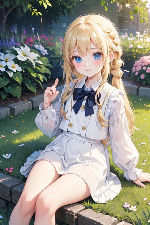 (8k, highest quality, Tabletop:1.2)、Ultra-high resolution、One 8-year-old girl, Perfect Fingers, Detailed face, Blushing, blue eyes, Blonde, Braid, White panties, White blouse, Black vest, garden, flower bed, Sitting on the grass