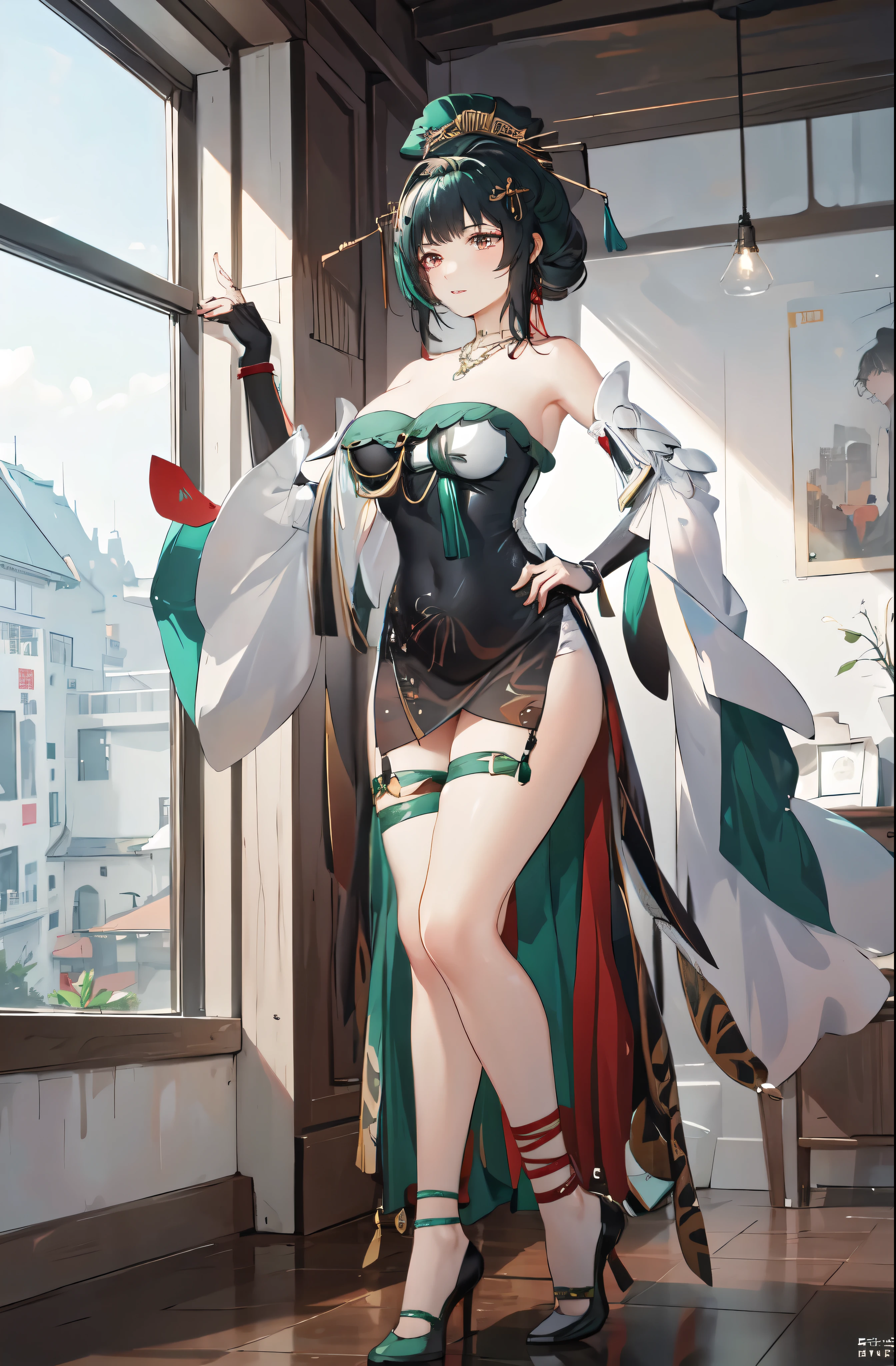 masterpiece, best quality BREAK solo, china dress, highres, 1girl, standing, (large breasts), mature female, hanying, Full body drawing, (masterpiece), (best quality), (hyperdetail), (illustration), ((extremely delicate and beautiful)), (detailed light), (prefect's body), full body drawing, Hanying, HanYing, sexy, sexy belly, sexy belly line, sexy belly button
