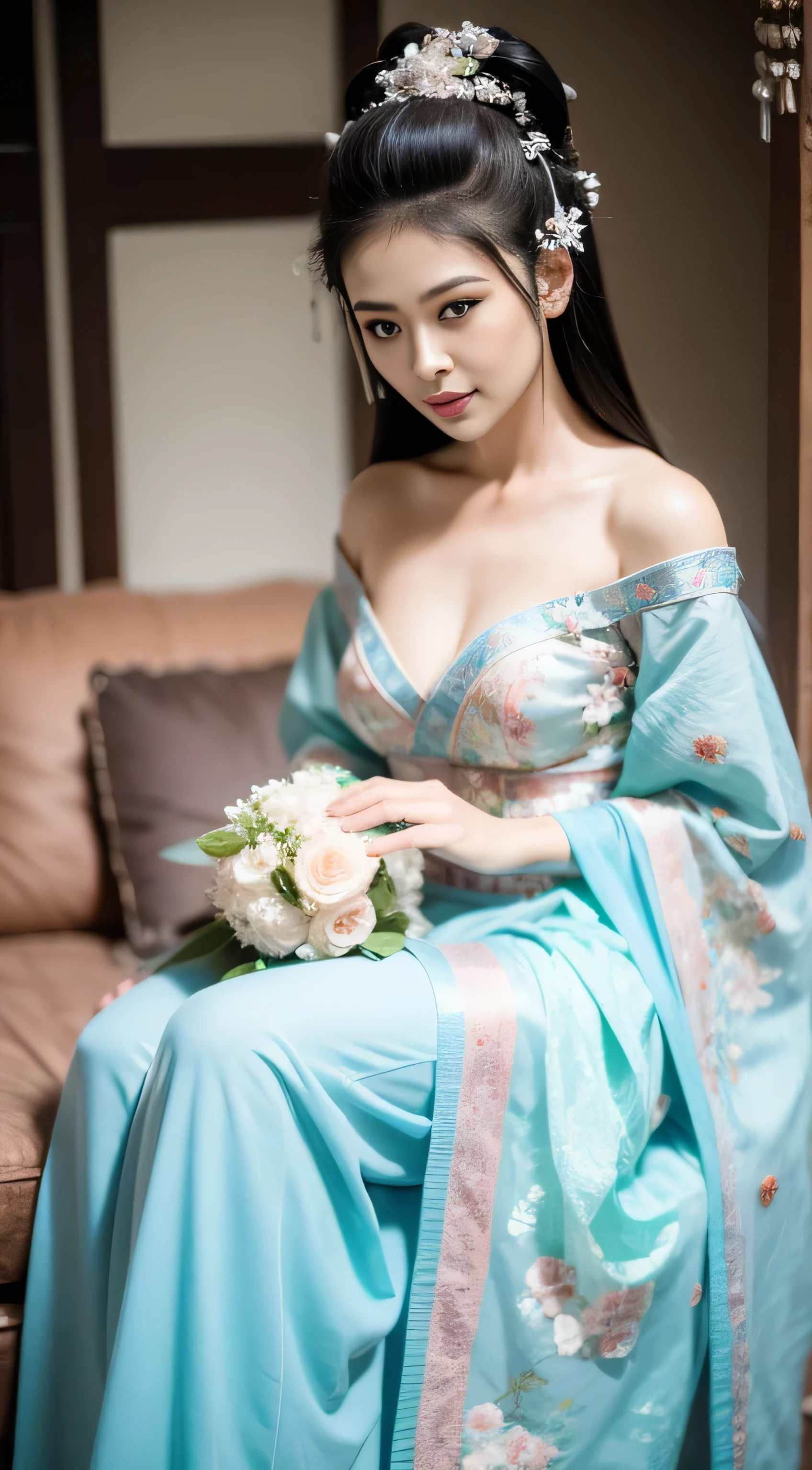 Fashion model  [[[[closeup cleavage]]]], [[[[boobgasm]]]], [[[[coll]]]], [[[[bshoulders]]]], perfect  eyes, Perfect iris，perfect lips，perfect teeth，Perfect skin，Long face，Soft front light，HDlmgirl，Xianxia costume，Fairy style，Fluttering like a fairy，lanterns，Bouquet in hand，（pastel colour：1.2）