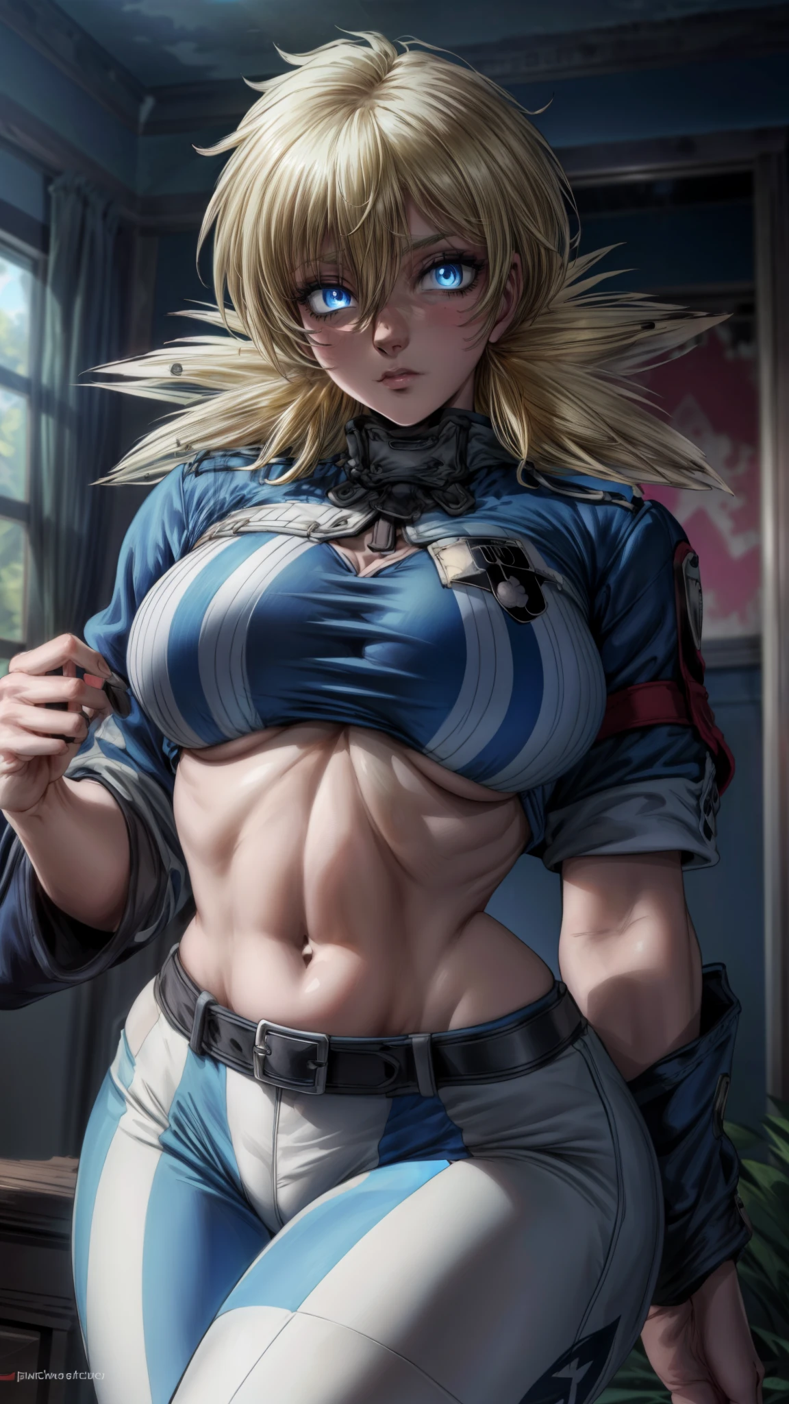 (masterpiece, highest quality, best quality, official art, beautiful and aesthetic: 1.2), (1girl), extremely detailed, (fractal art: 1.3), colorful, highest detailed, perfect face, upper body, HDR, ), vivid visual effects, (dynamic stripes, luminous traces: 1.2), long blonde hair, hellsing, integra, breast focus, breasts, large breasts, bare breasts, naked, nude, boob window, sexy, wide hips, thicc figure, Detailed blue eyes, Detailed face, Detailed eyes, BLACKED, BLACKED UNDERWEAR, BLACKED PORNO