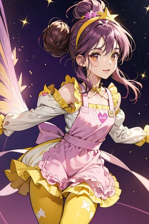 Dazzle has brown skin, brown eyes and dark purple hair that she ties into buns-looks like raisins/grapes. She wears a pink headband, a purple short-sleeved dress with yellow trim around the collar and sleeve ends and the front of the dress has a yellow star on it, pink capris leggings with yellow stars, and purple flats with a pink star on top. She also wears a pink apron with a yellow star symbol on the front. She has cookie-like wings with purple icing and pink star sprinkles.  SPARKLE; GLITTER