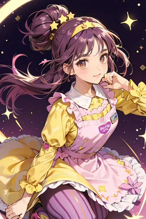Dazzle has brown skin, brown eyes and dark purple hair that she ties into buns-looks like raisins/grapes. She wears a pink headband, a purple short-sleeved dress with yellow trim around the collar and sleeve ends and the front of the dress has a yellow star on it, pink capris leggings with yellow stars, and purple flats with a pink star on top. She also wears a pink apron with a yellow star symbol on the front. She has cookie-like wings with purple icing and pink star sprinkles. SPARKLE; GLITTER
