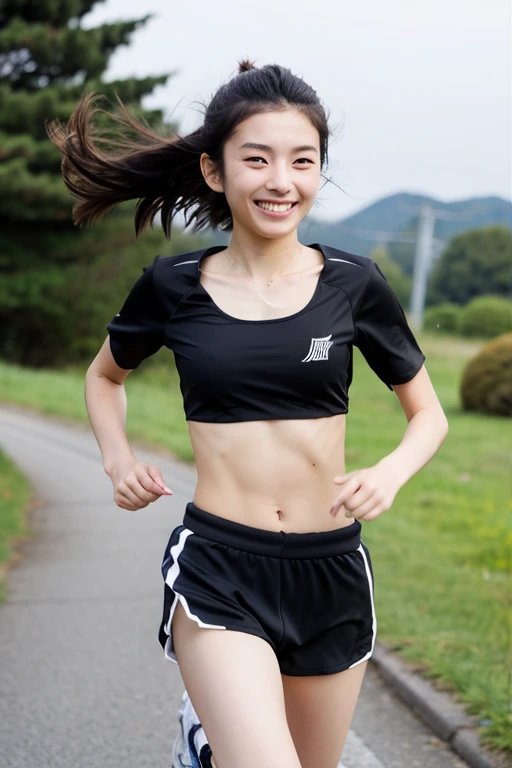 20 year old Japanese woman　Black Hair　smile　Running Wear　running