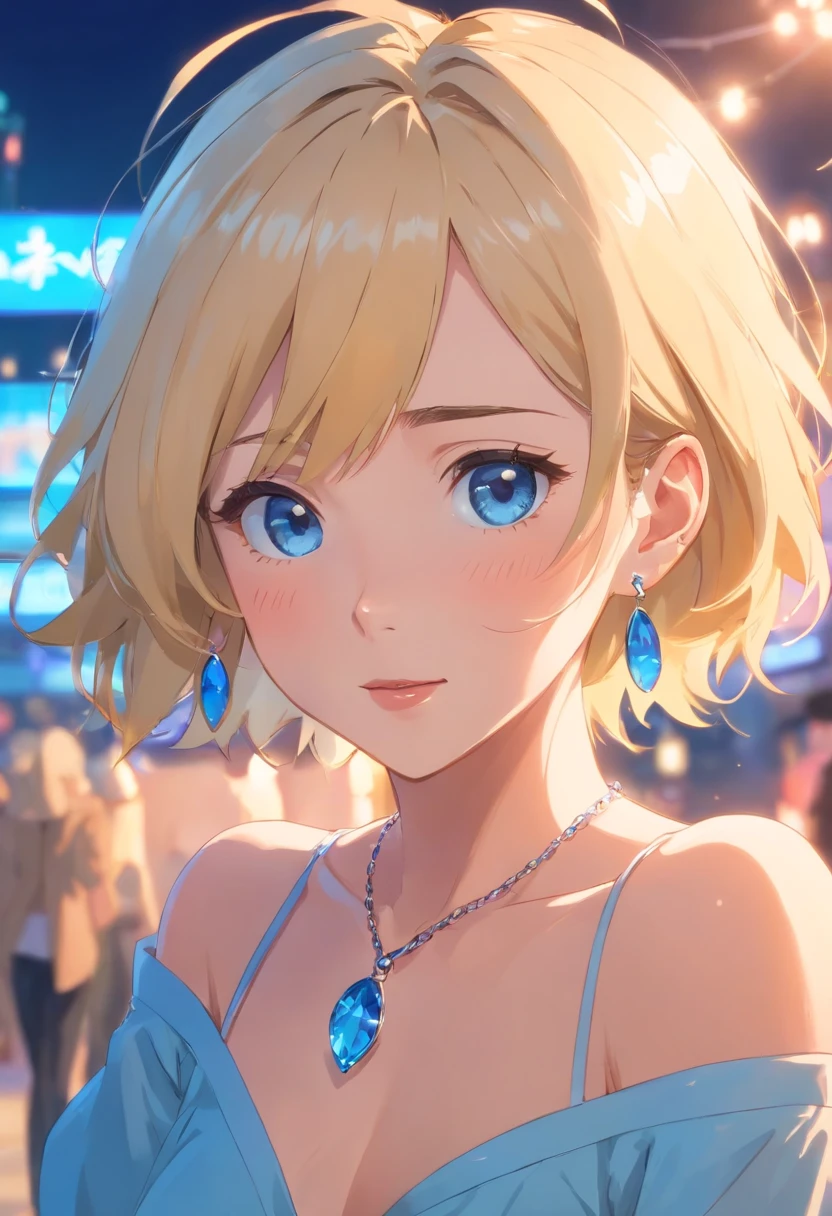 Women, ((Blonde)), ((Blue eyes)), ((Short hair)), ((Full shot)), very detailed makeup, pale pink lipstick, long earrings, bare shoulders and jewelry necklace, closeup crying with happiness