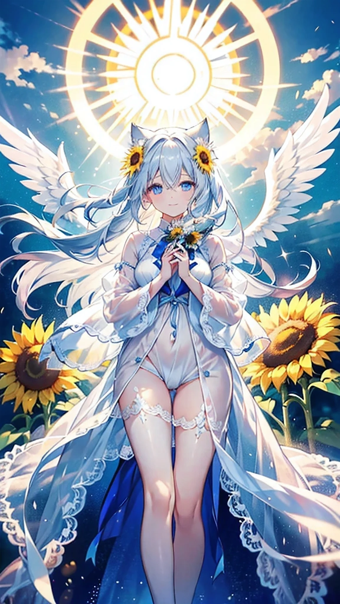 A woman with long white hair and shining blue eyes、She is the mythical sun goddess、Cat ear、Pitiful、Angel wings on the back、Sunflower on head、Smile of the Goddess、24-years-old、Holding the sun in both hands、Chiffon clothing with sunflower embroidery、clear、Long lace cardigan、Along with some glowing cats、highest quality