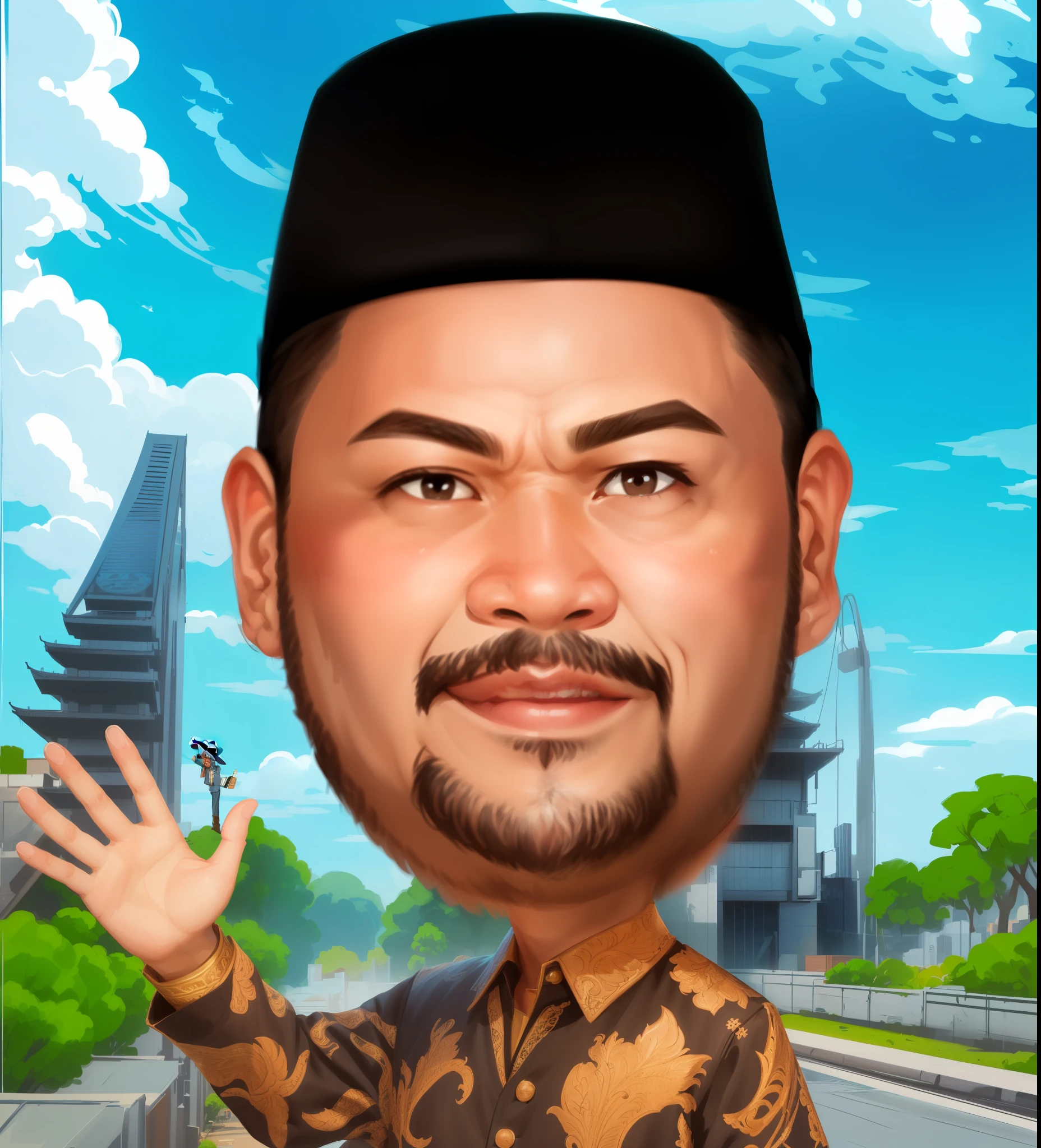 a cartoon of a man with a beard and a hat waving, caricature illustration, caricature style, cartoon portrait, cartoon artstyle, inspired by Basuki Abdullah, digital art cartoon, cartoon digital painting, cartoon digital art, inspired by Abidin Dino, caricature, realism artstyle, south east asian with round face, in cartoon style, by Abidin Dino, ismail