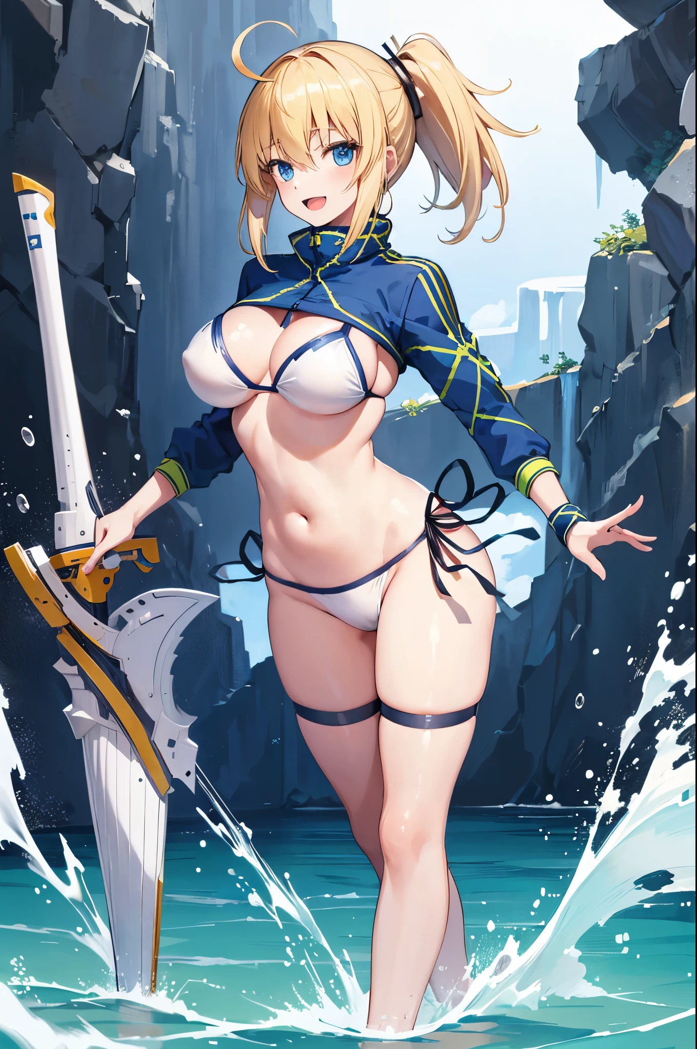 masterpiece,(ultra-detailed),1girl, mysterious heroine xx \(fate\), half_eyes,smile,open mouth, swimsuit, white bikini, side-tie bikini bottom, shrug \(clothing\), jacket,  thigh strap, wristband,  large_breasts, ocean, splashing,blonde_ponytail,open_legs,cap,happiness,standing,