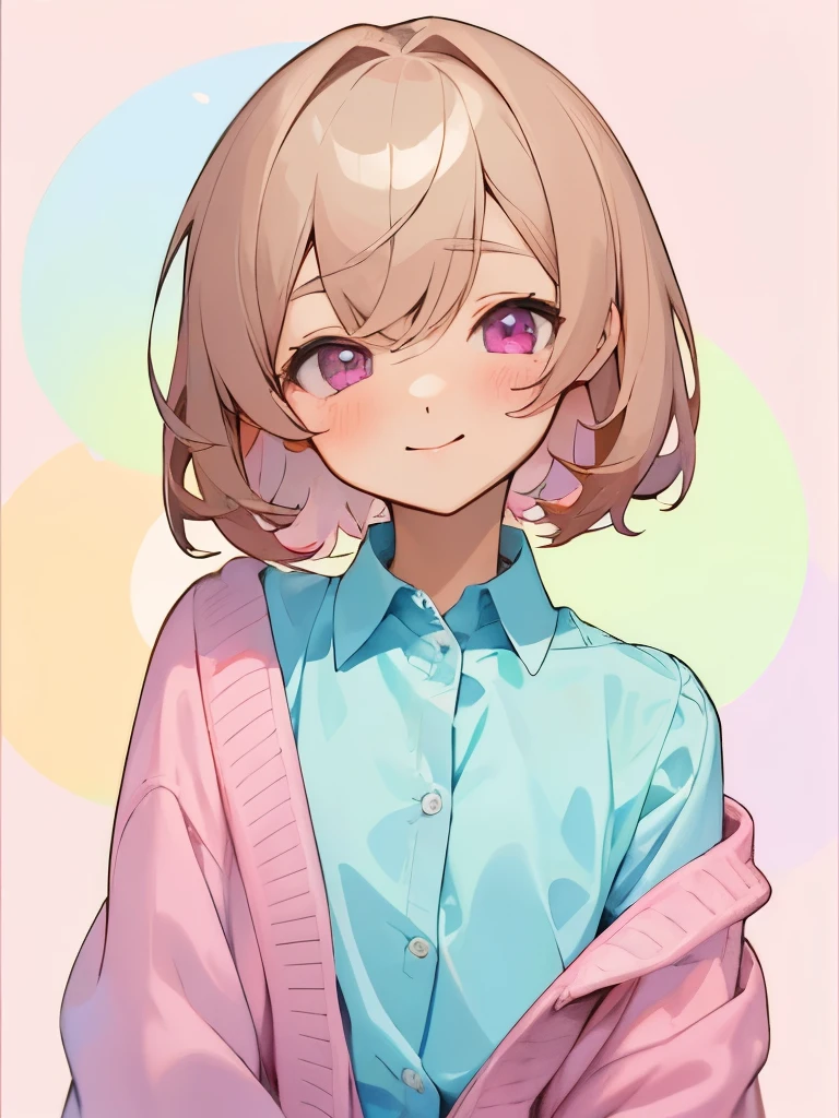 Perfect, masterpiece, anime trap, trap, femboy, cute femboy, kawaii, front facing, short hair, light hair, pink eyes, light pink eyes, blush, smiling, ,facing towards camera, looking forwards, looking at viewer, front facing, bust up, original character, flat chested, facing camera, anime style, soft colours, close up, soft colours, soft shading, watercolour, light brown hair, pale eyes, light coloured eyes, pastel, cute, kawaii, wearing unbuttoned cardigan, male, skinny, slim, androgynous