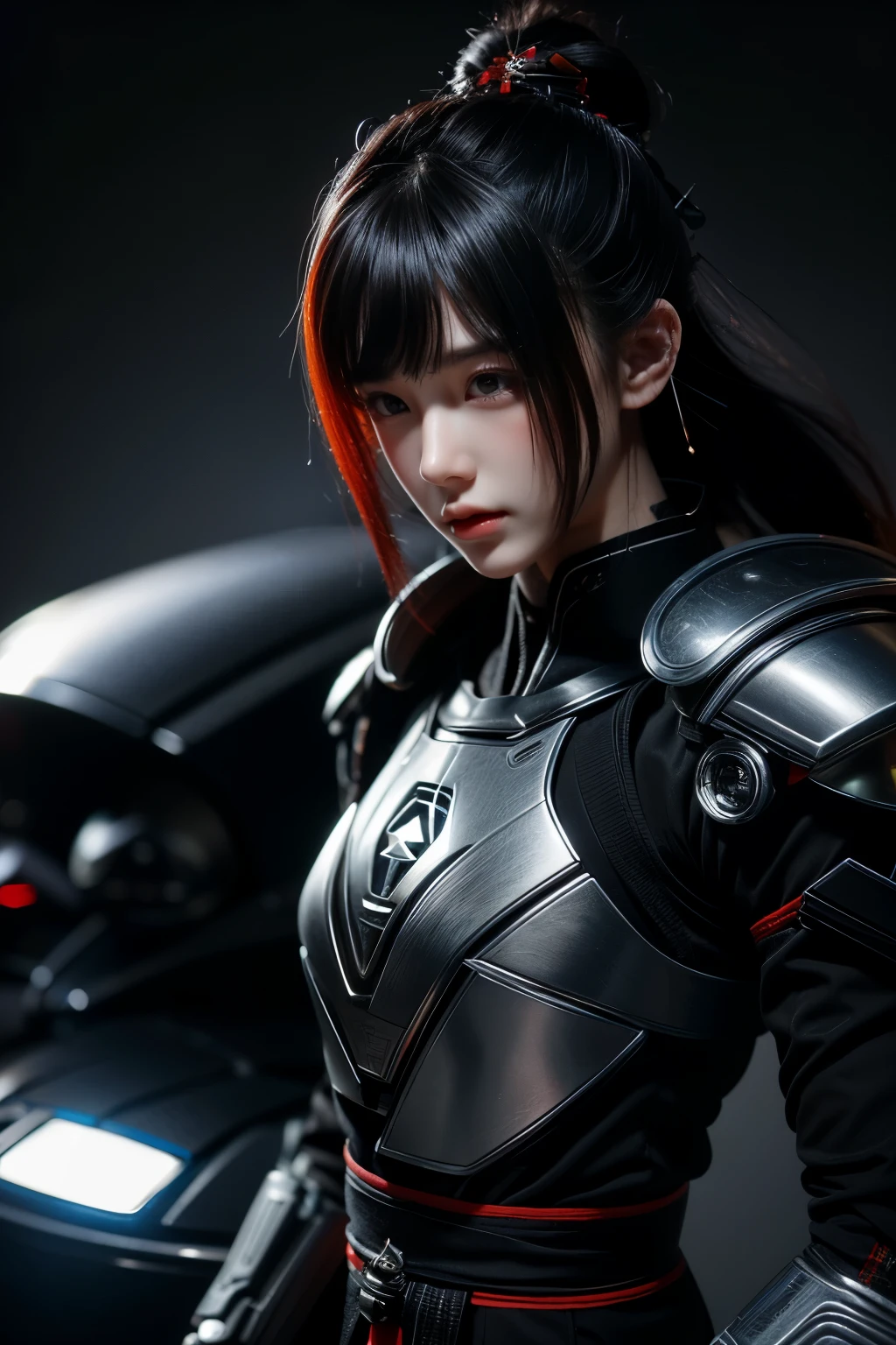 tmasterpiece,Best quality at best,A high resolution,8K,(portrait),(Close up of avatar),(RAW photogr),real photograph,(Clothing that combines everyday and sci-fi styles),digital photography,teens girl,18yo Girl,short detailed hair,through bangs,Beautiful black and red gradient hair,Red eyes,iintricate,elegant and charming,The content is very detailed,Simple accessories,Metal armor,black sash,Clothing that combines technology and ancient style,Crop topping,Hollow armor design,Combat uniforms,Shoulder pads,cyber punk personage,binh,Photo pose,stately,metalictexture,oc render reflection texture,Gray street background