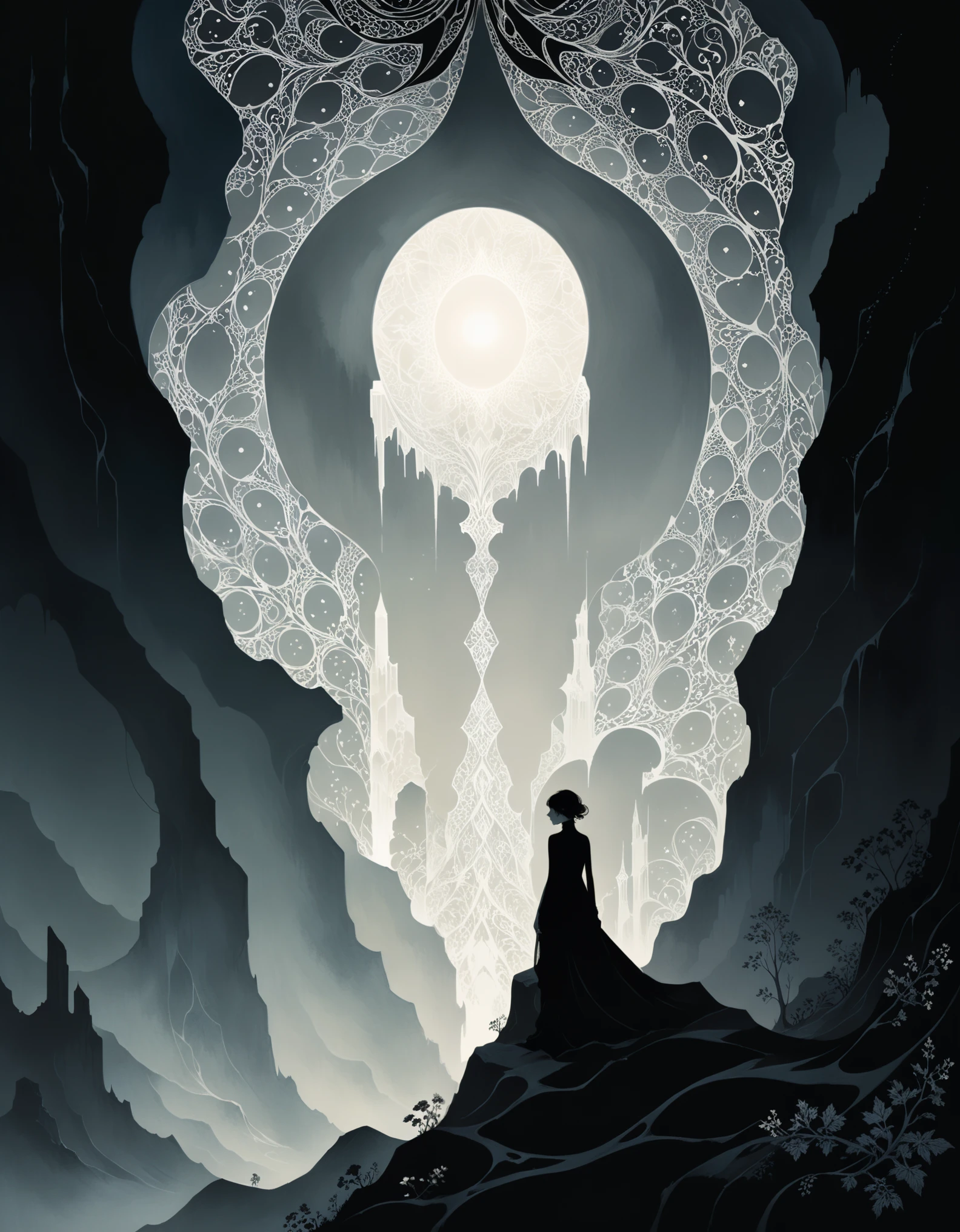 in style of Aubrey Beardsley,mystery book cover art, suspenseful, shadowy, atmospheric, dark colors "visualize a desolate expanse where a spectral landscape unfolds from an ambient haze, as if the very fabric of reality has been drained of color and vitality. a crystalline monolith,(smooth, Full of mysterious patterns, With a miraculous light:1.8)rises from the barren terrain like a shard of forgotten knowledge, Casting an eerie glow on a featureless landscape, the artwork should evoke a sense of disquieting detachment, where the boundaries between nothingness and existential despair blur, leaving the viewer suspended in a state of numb indifference.", steelblue color stone