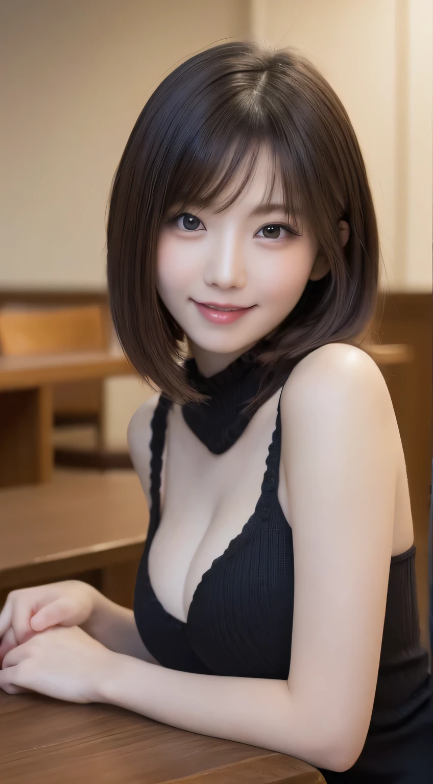 Tabletop, highest quality, figure, Very detailed, In detail, High resolution, 8k wallpaper, Perfect dynamic composition, Beautiful fine details, Black knit dress,Straight hair,Big Breasts Natural Color Lip, Randomly sexy poses,smile,Harajuku、20-year-old girl、cute、sexy shot looking at camera,Perfect and beautiful face