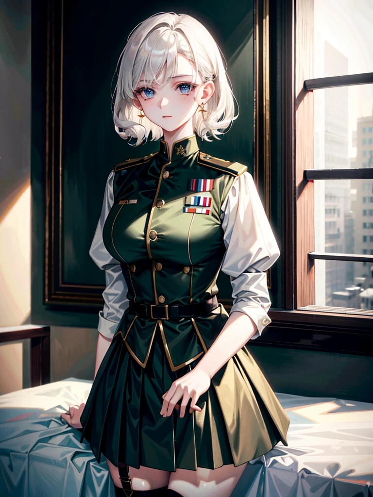 military uniform, absurdres, RAW photo, extremely delicate and beautiful, masterpiece, Best Quality, ultra high resolution, 32k, hyperrealistic, ultra-detailed, detailed description, pale skin, 20 years old, tearful mole, earring, Colossal tits, short medium hair, wavy hair, pleated skirt,