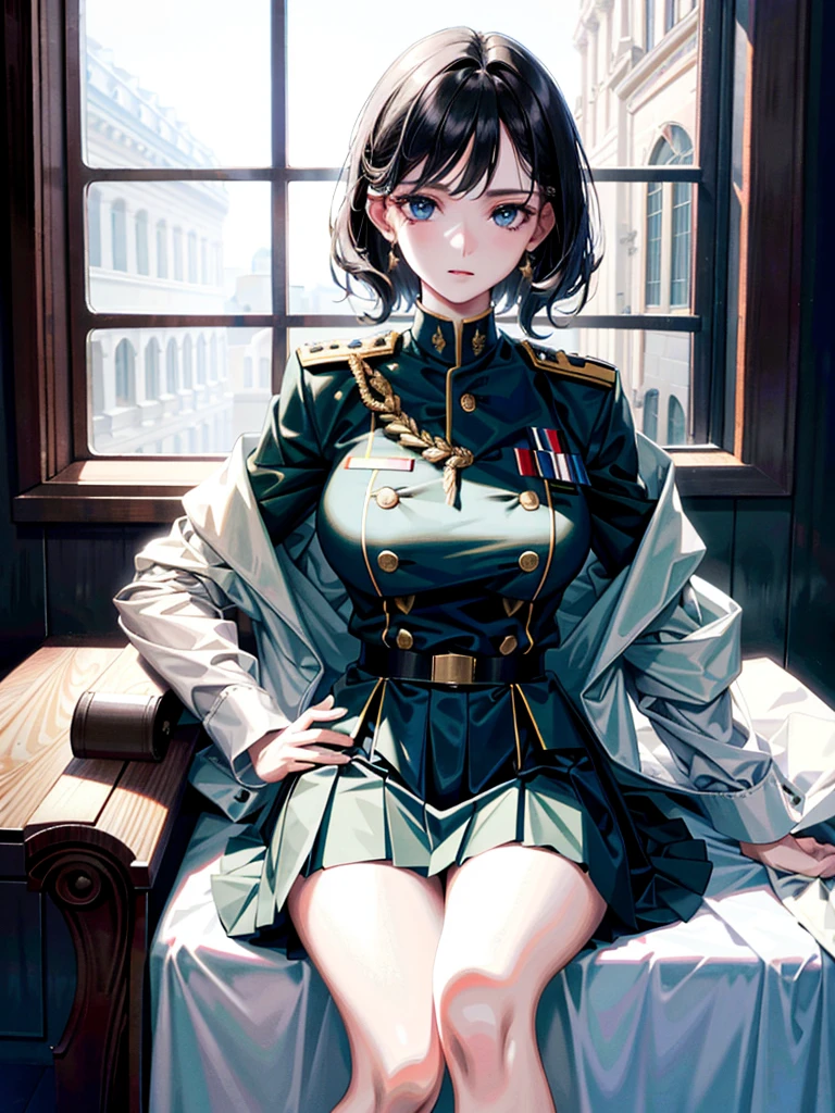 military uniform, absurdres, RAW photo, extremely delicate and beautiful, masterpiece, Best Quality, ultra high resolution, 32k, hyperrealistic, ultra-detailed, detailed description, pale skin, 20 years old, tearful mole, earring, Colossal tits, short medium hair, wavy hair, pleated skirt,