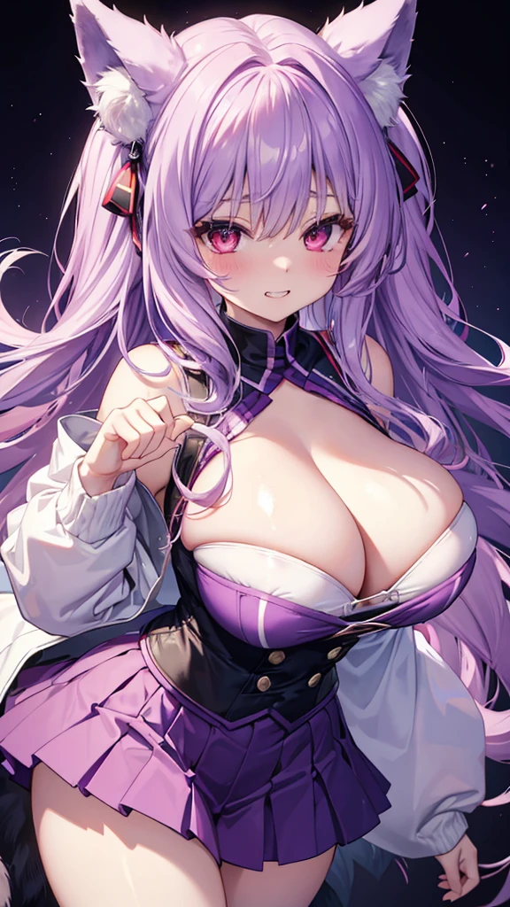 Wolf Woman, Big Breasts, Voluminous light purple hair, One girl, masterpiece , Red eyes、Double teeth、tooth、Blushed cheeks、 hd, Head to Chest, buried in my chest、Underbust、Cleavage、Cheerleader、Big Tits、Open your mouth wide、Grin