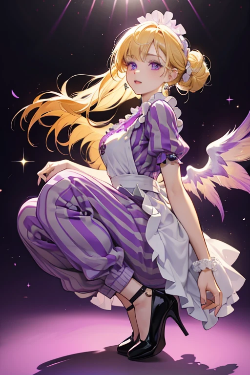 Ms. Marmalady woman with pale skin, long blonde hair with straight bangs which is tied-up into a top bun with a purple scrunchie, magenta-purple eyes and unlike the Bean Team, her cookie wings are plain yellow. She also wears lavender eyeshadow on her eye . Her attire consists of a purple jacket over a yellow shirt, dark purple dress pants, and black high-heeled shoes. She also wears a white and pale pink striped apron. SPARKLE; GLITTER