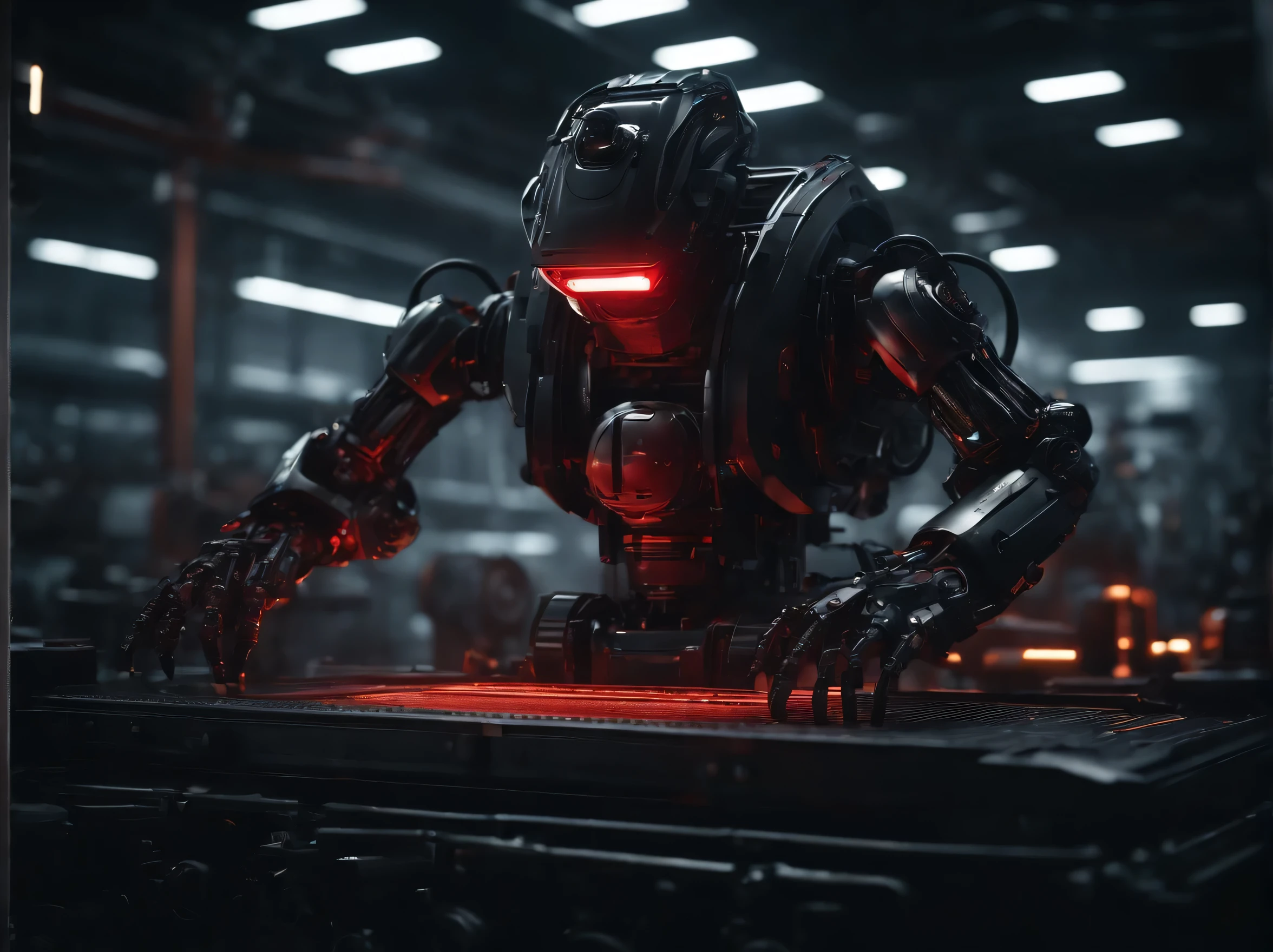 dystopic futuristic robot assembly factory, factory in black colors with red lights, steam, assembly line, half-built black robots, 4k, ultra detailed image, realistic, very detailed, perfect composition, splendid, intricately detailed, incredibly detailed , art photography 8k, hyper detailed, Masterpiece, ultra detailed, hyper realistic, 4k, ultra detailed image , realistic, highly detailed, perfect composition, splendid, intricately detailed, incredibly detailed, Artistic photography in 8k, hyper detailed