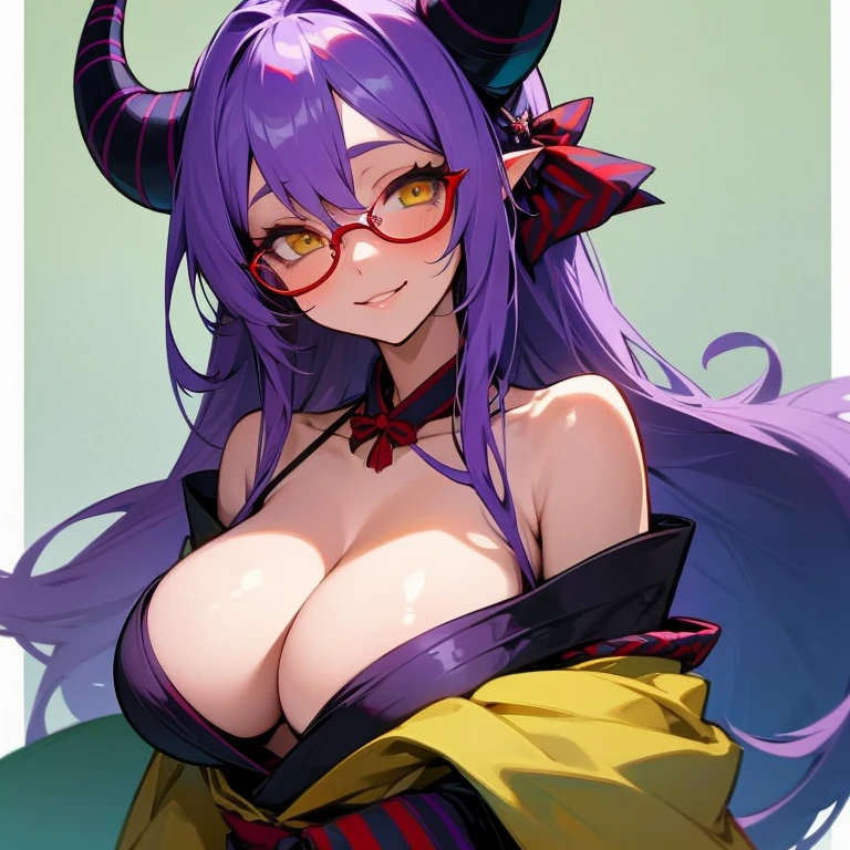 Masterpiece, best quality, expressive eyes, perfect face, 1girl, breasts, horns, solo, monster girl, purple hair, large breasts, glasses, long hair, yellow eyes, cleavage, smile, bare shoulders, looking at viewer, head fins, japanese clothes, teal kimono, lamia, red stripes,