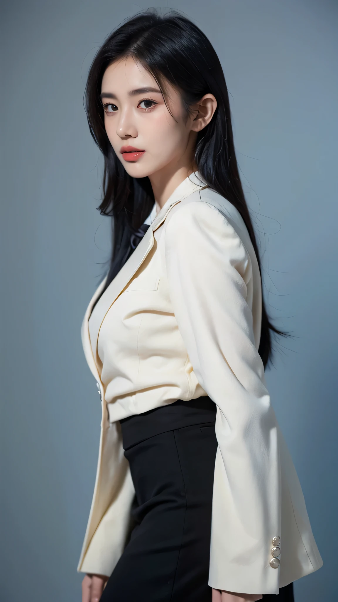 Masterpiece, best picture quality, high resolution, 8K, ((portrait)), (head highlights), original picture, real shot, digital photography, (modern working woman), (female CEO), 25-year-old female, , black eyes, (long black and blue hair), luxurious decoration, sparse eyes, make your pearls beautiful and charming, provocative eyes, (business attire, skirt), modern style, white coat, solid color background, oc rendering reflection texture