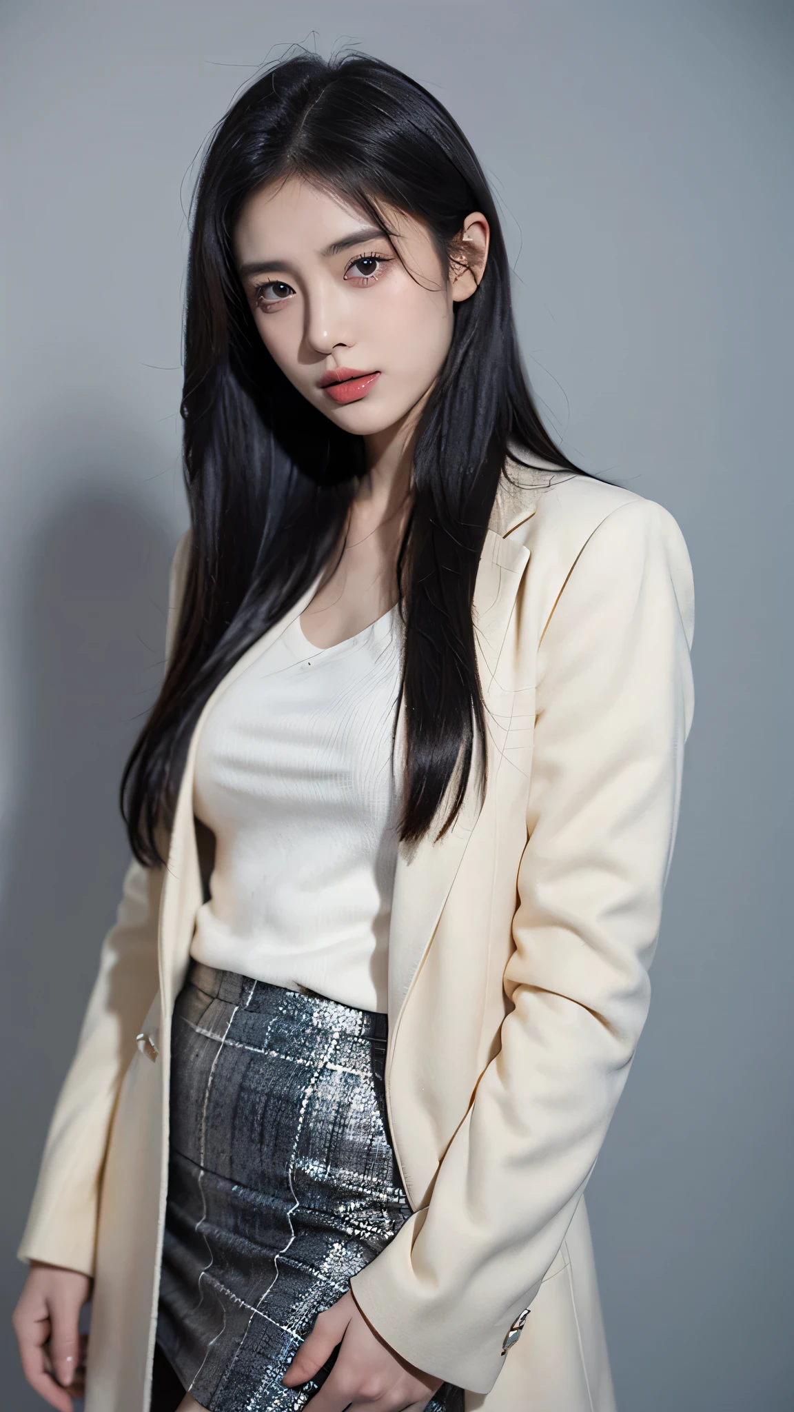 Masterpiece, best picture quality, high resolution, 8K, ((portrait)), (head highlights), original picture, real shot, digital photography, (modern working woman), (female CEO), 25-year-old female, , black eyes, (long black and blue hair), luxurious decoration, sparse eyes, make your pearls beautiful and charming, provocative eyes, (business attire, skirt), modern style, white coat, solid color background, oc rendering reflection texture