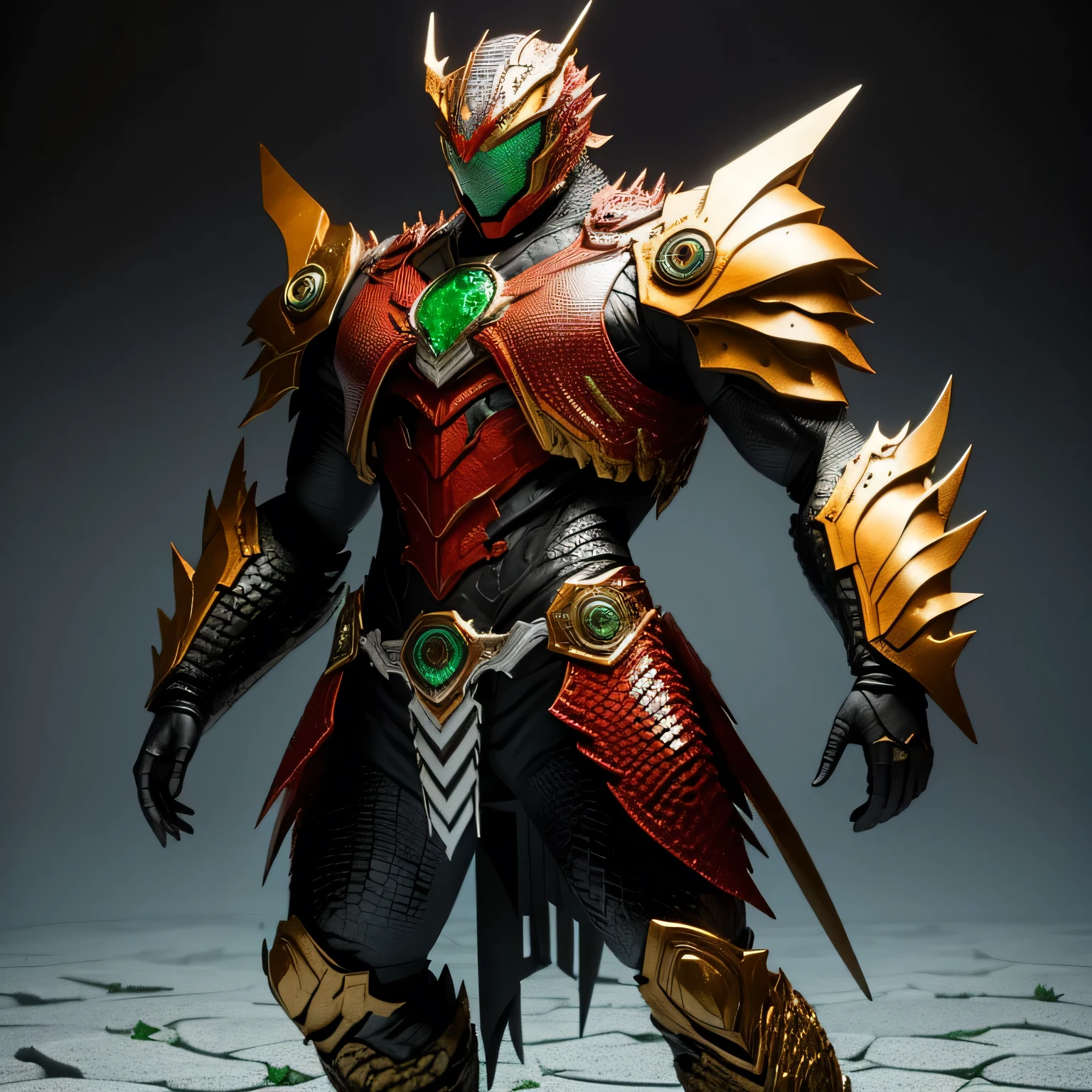 best quality)), ((masterpiece)), (detailed), perfect face, White and Red, Alligator Kamen Rider, Swamp background, Single person, Sleek Alligator Armor, Full Body, Alligator Base, Kamen Rider, 1 male, Carnivore Armor, Scales