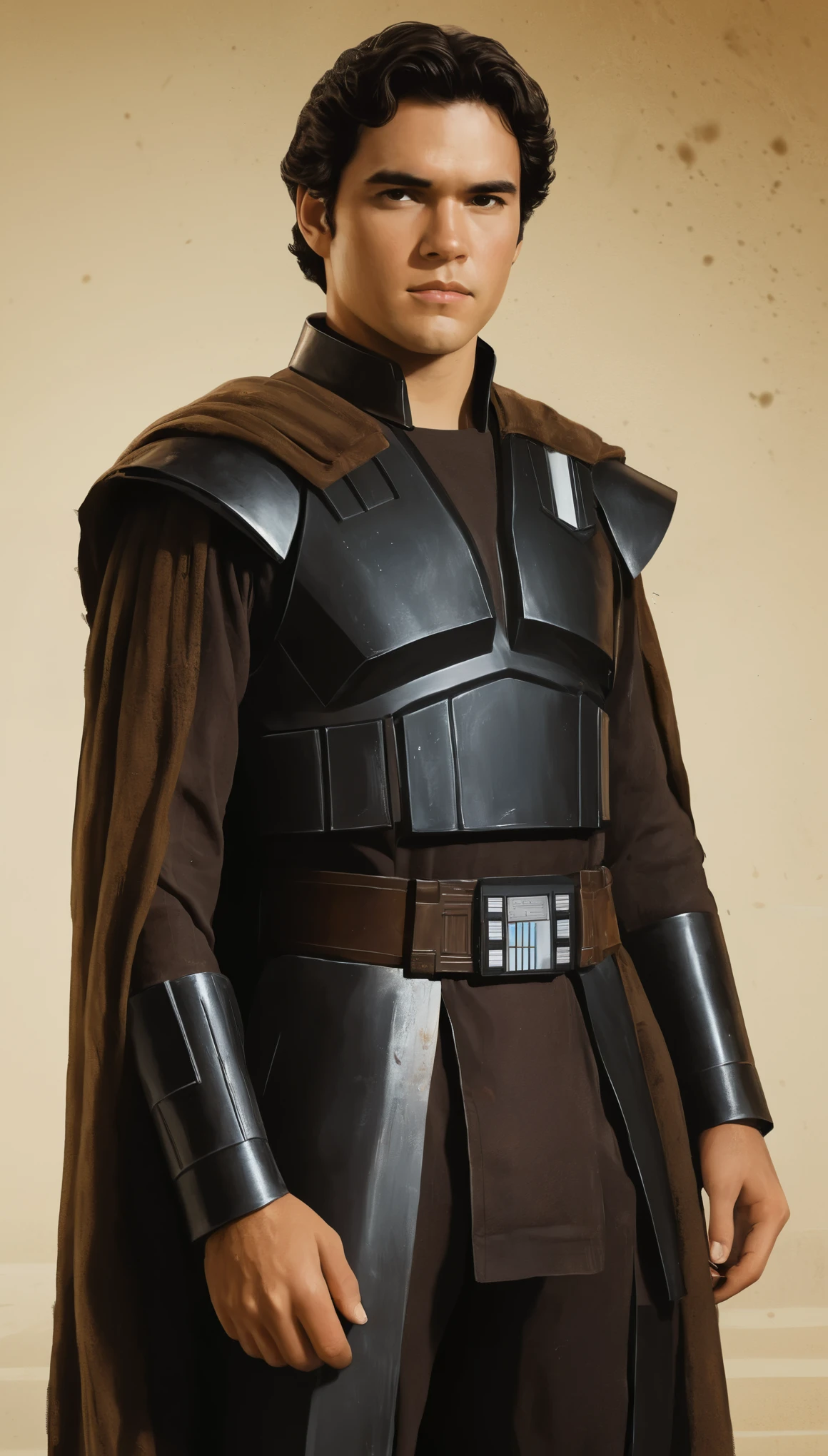 An illustrated movie poster, hand-drawn, full color, a Jedi Knight, 21 years-old, wearing a dark jedi tunic, resembles Dean Cain, sun-tanned skin, stocky physique, deep brown eyes, wide bulbous nose, black hair, curly hair, thick bushy eyebrows, extremely hairy chest, stomach, and arms, lots of body hair, posing in a sci-fi hangar bay, hard shadows, graphite shading, stencil markings, airbrushed acrylic paint, masterpiece, in the style of Star Wars