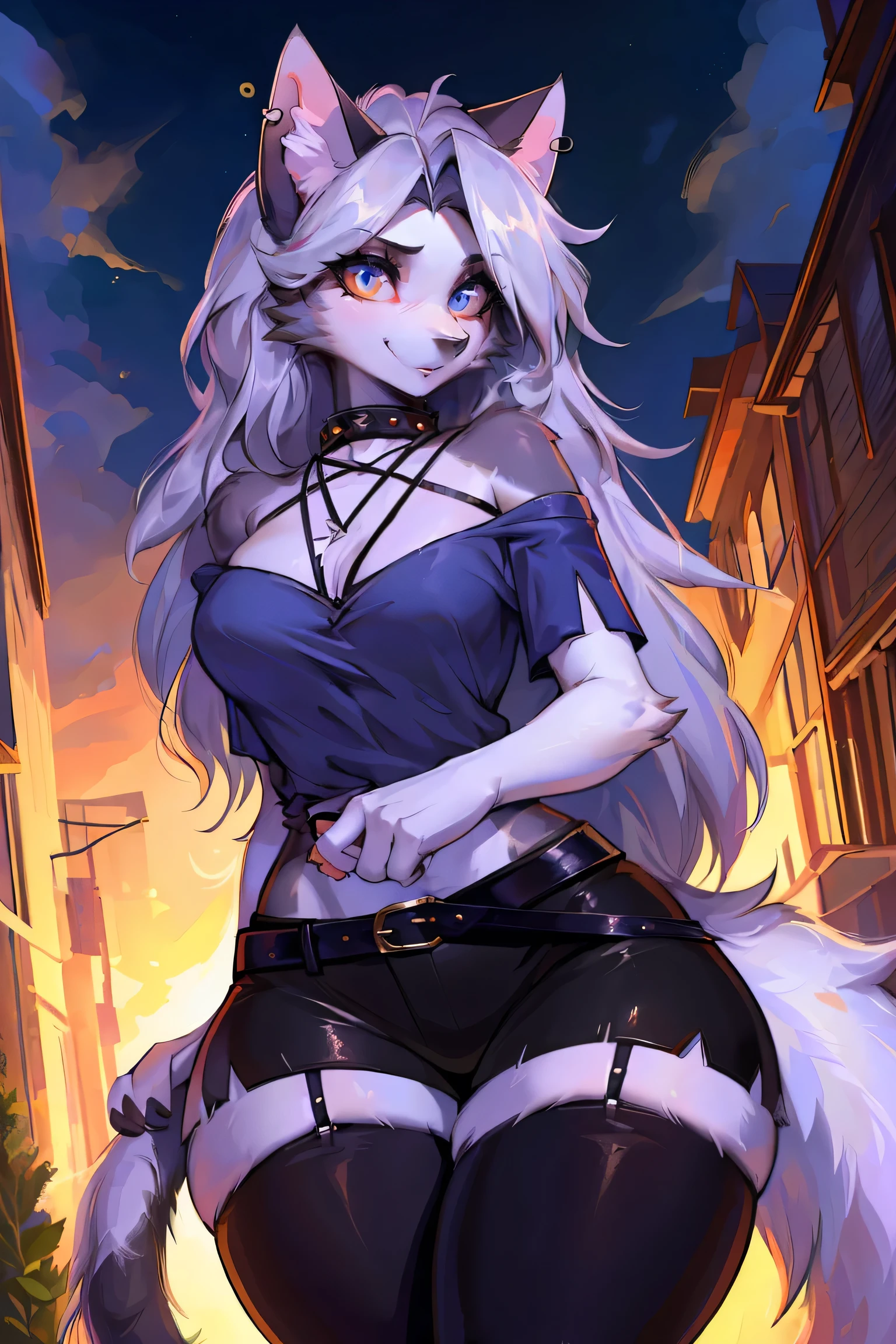 cute,furry_girl,wolf_girl,detailed_eyes,silver_hair,long hair,cute_ears,wolf_ears,black robe,leggings,fluffy_furs,wolf_tails,earrings,upper body,stocking with garterbelt,neck garter,(thick thighs:1.1),(perfect detailed eyes:1.5),upright pupils,(cat-like eyes:1.5),smiling,(front:1.5),(furry:1.5),long lashes,flowy chiffon,well-proportioned figure,(thick thighs:1.1),perfectly high-detail facial features,(perfect detailed eyes:1.5),upright pupils,silky long hair,masterpiece, best quality, Ultra-high quality, Ridiculous details,(best quality,4k,8k,highres,masterpiece:1.2),ultra-detailed