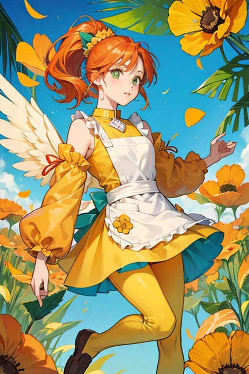 She has orange/red hair that she ties into a ponytail using a yellow flower scrunchie, green eyes and apricot skin. She also wears sky blue glasses. She wears an orange elbow-length dress with a yellow collar and sleeve ends, a white flower on the center, aqua-blue capris leggings with yellow flowers, and yellow and orange loafers with a yellow flower on top. Poppy also wears a yellow apron with an orange flower symbol on the front. She also has cookie-like wings with white icing and yellow flower sprinkles. SPARKLE; GLITTER