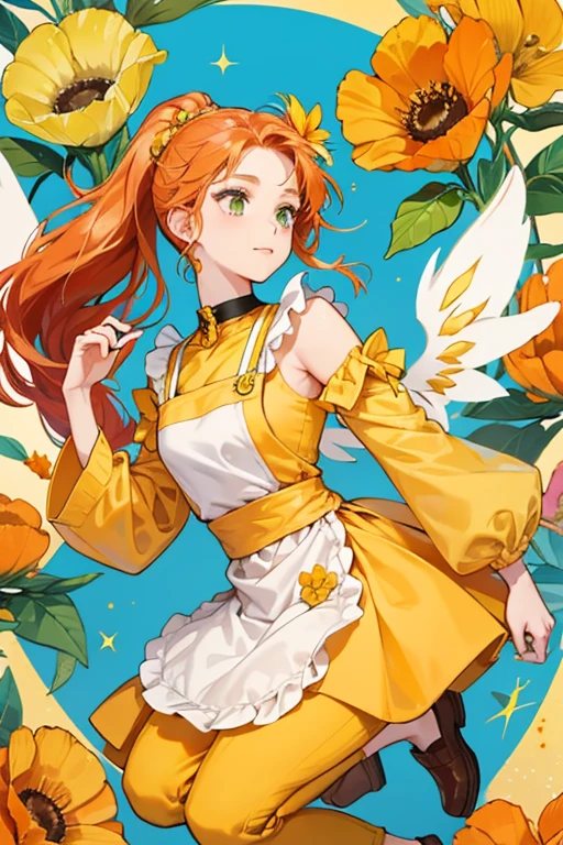 She has orange/red hair that she ties into a ponytail using a yellow flower scrunchie, green eyes and apricot skin. She also wears sky blue glasses. She wears an orange elbow-length dress with a yellow collar and sleeve ends, a white flower on the center, aqua-blue capris leggings with yellow flowers, and yellow and orange loafers with a yellow flower on top. Poppy also wears a yellow apron with an orange flower symbol on the front. She also has cookie-like wings with white icing and yellow flower sprinkles. SPARKLE; GLITTER