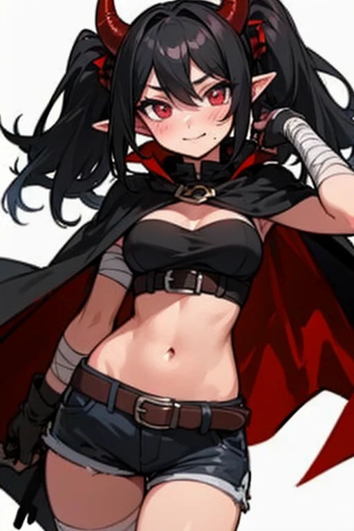 Masterpiece, best quality, expressive eyes, perfect face, 1girl, solo, navel, black hair, gloves, twintails, shorts, belt, smile, red eyes, bandages, looking at viewer, black gloves, breasts, short shorts, horns, black cape, pointy ears, simple background, bandaged arm, hair between eyes, white background, blush, cape, medium breasts, midriff