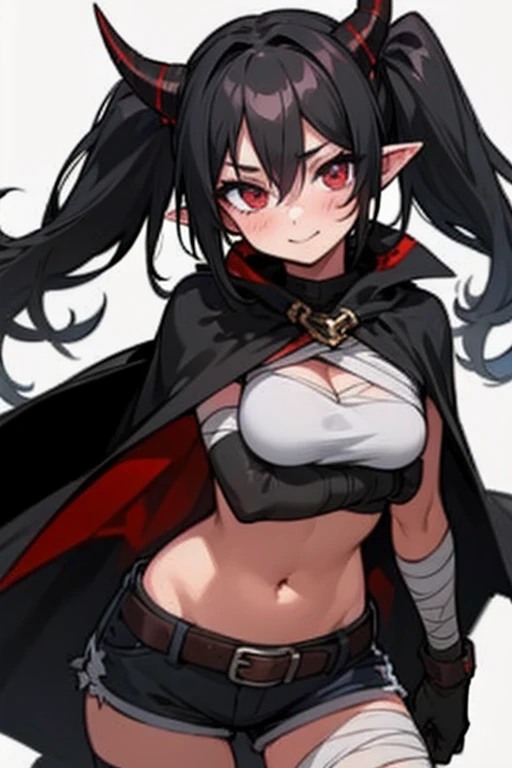 Masterpiece, best quality, expressive eyes, perfect face, 1girl, solo, navel, black hair, gloves, twintails, shorts, belt, smile, red eyes, bandages, looking at viewer, black gloves, breasts, short shorts, horns, black cape, pointy ears, simple background, bandaged arm, hair between eyes, white background, blush, cape, medium breasts, midriff