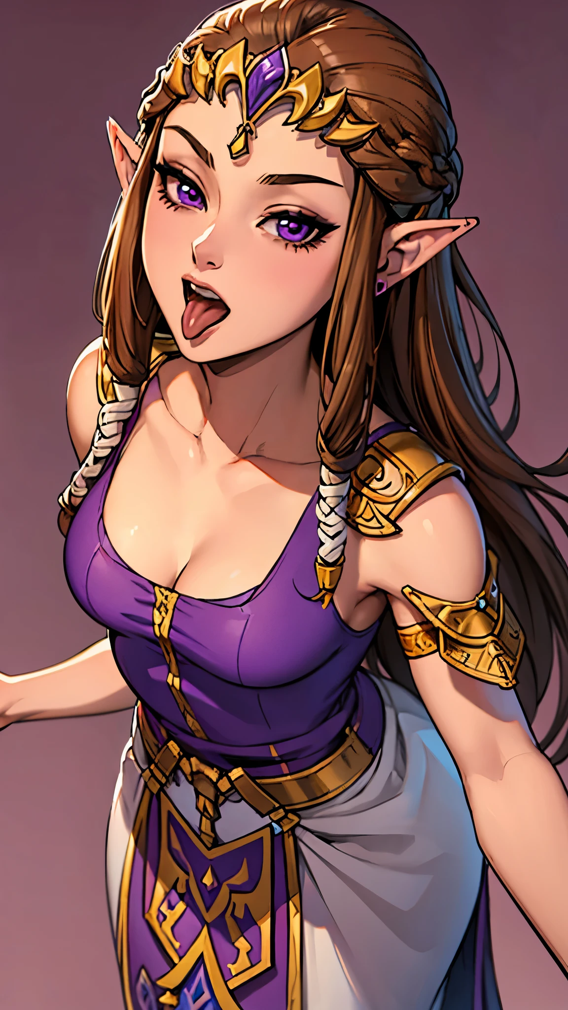 8K high quality, high accuracy, Princess Zelda, beautiful figure, beautiful face, Princess Dusk, beautiful, bright, highlights in eyes, small ears, brown hair, beautiful line drawing. Open mouth, tongue sticking out, purple background,