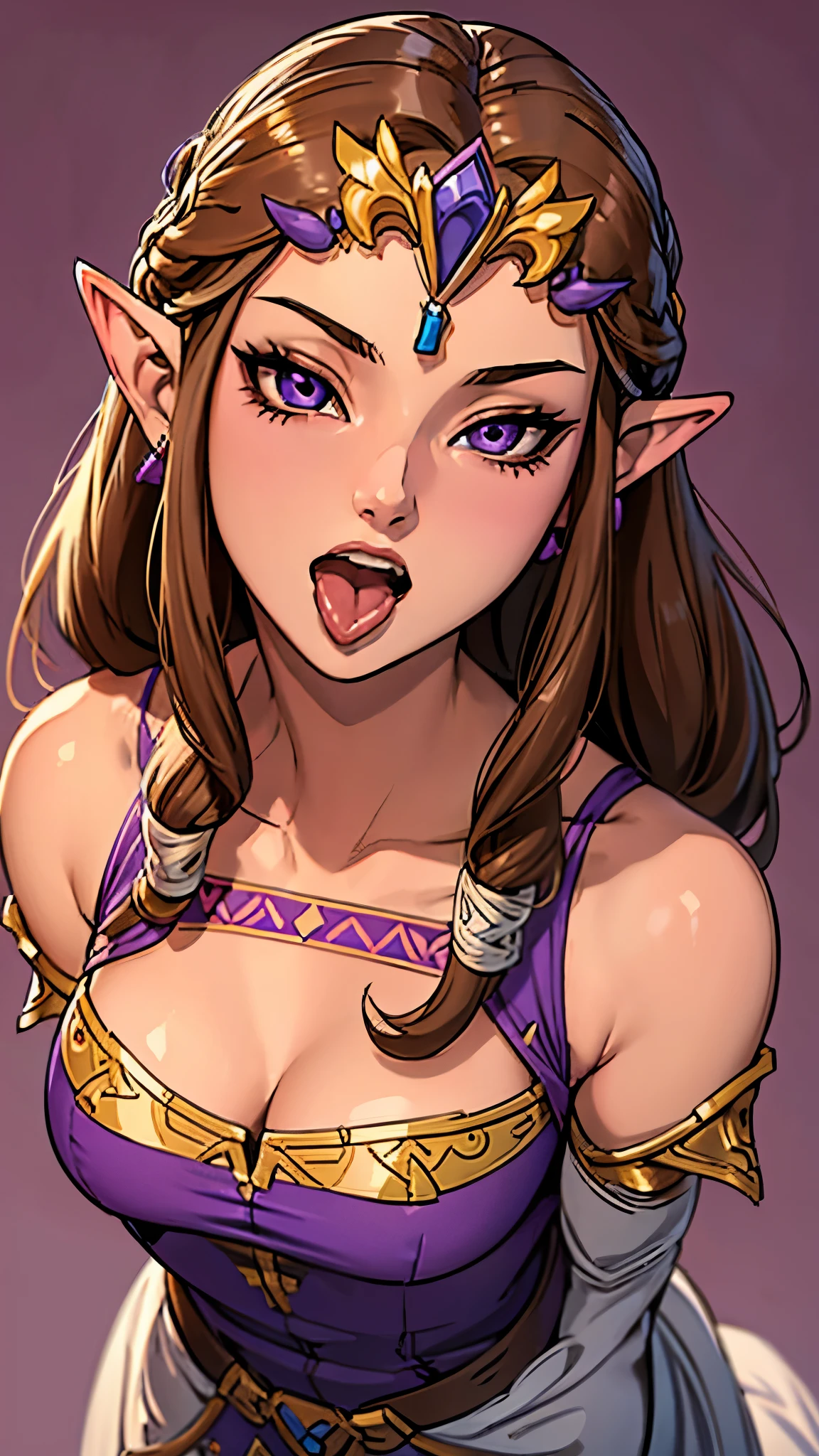 8K high quality, high accuracy, Princess Zelda, beautiful figure, beautiful face, Princess Dusk, beautiful, bright, highlights in eyes, small ears, brown hair, beautiful line drawing. Open mouth, tongue sticking out, purple background,