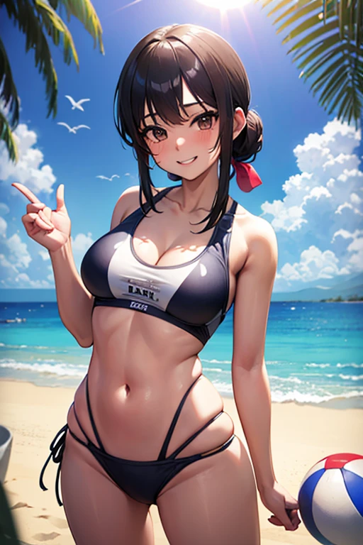 Playa, una joven, sports swimsuit, bloqueador solar, pelota de playa, sexy, sonriente, bien detallado, obra maestra, cuerpo completo