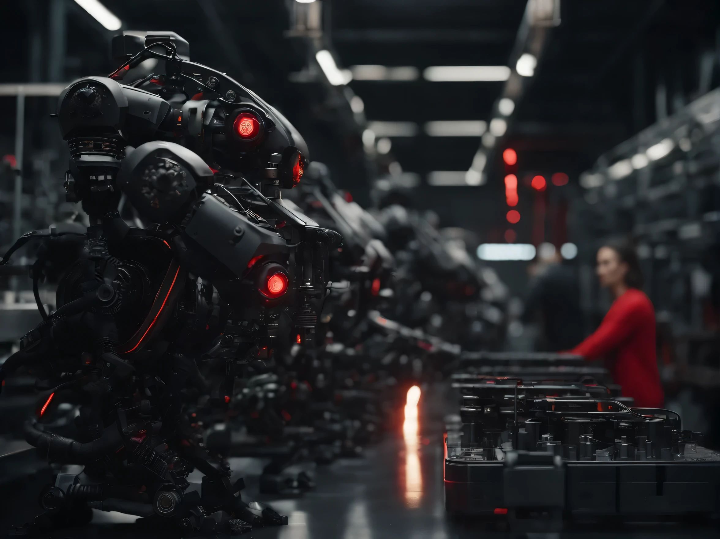 dystopic futuristic robot assembly factory, factory in black colors with red lights, steam, assembly line, half-built black robots, 4k, ultra detailed image, realistic, very detailed, perfect composition, splendid, intricately detailed, incredibly detailed , art photography 8k, hyper detailed, Masterpiece, ultra detailed, hyper realistic, 4k, ultra detailed image , realistic, highly detailed, perfect composition, splendid, intricately detailed, incredibly detailed, Artistic photography in 8k, hyper detailed
