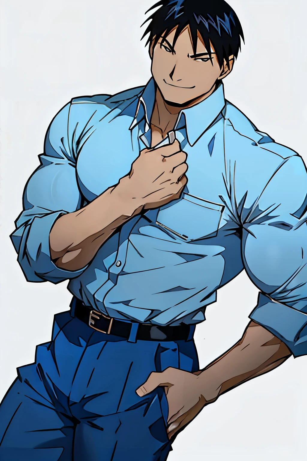 Roy Mustang from Full Metal Alchemist, wearing a light blue formal shirt and elegant pants, bodybuilder, smug smile, defined body, posing sideways