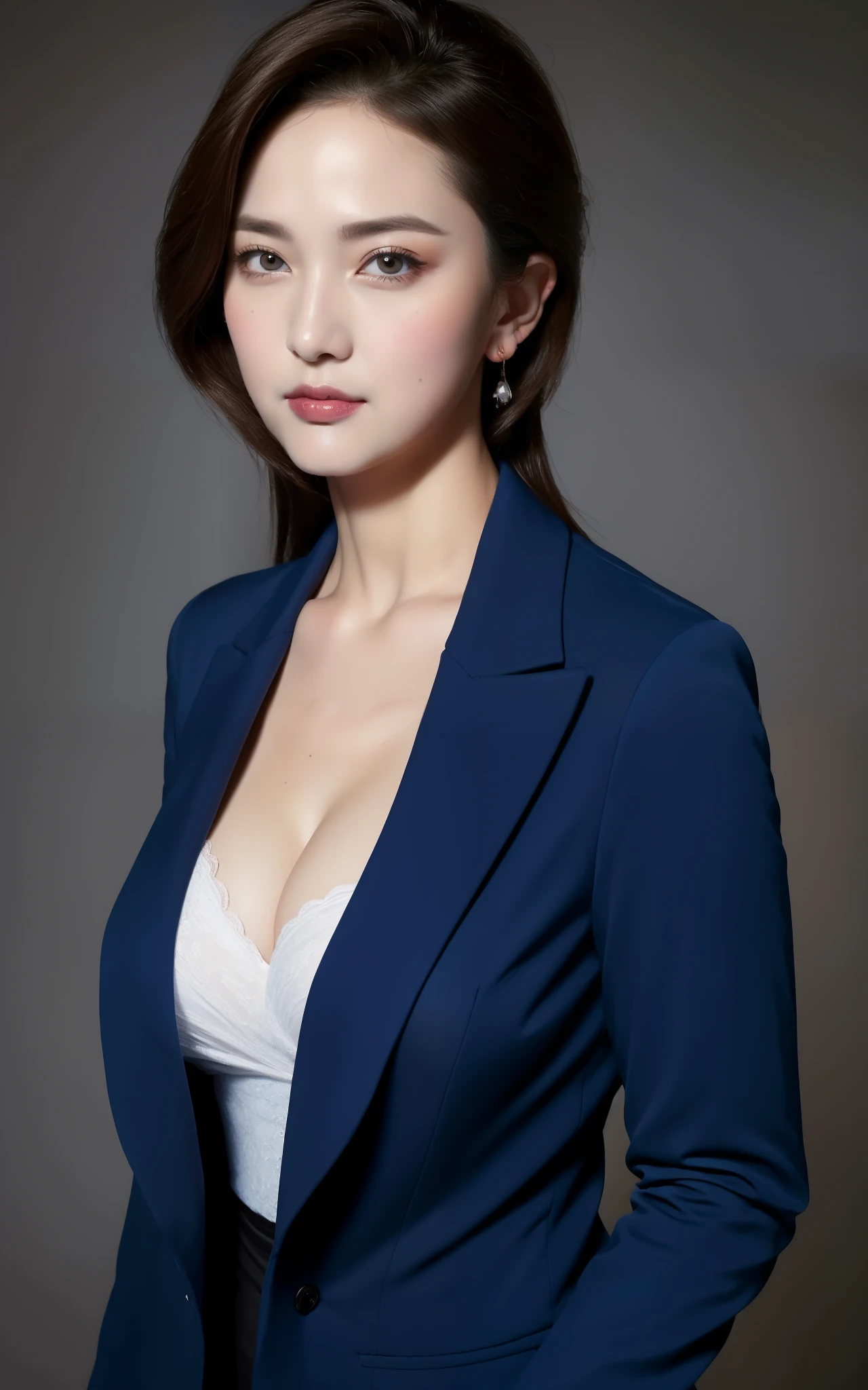 masterpiece,best quality, (1 milf), ((portrait:1.5)), makeup, glossy blue blazer, elegant black shirt, contrapposto, ((seduction expression)),