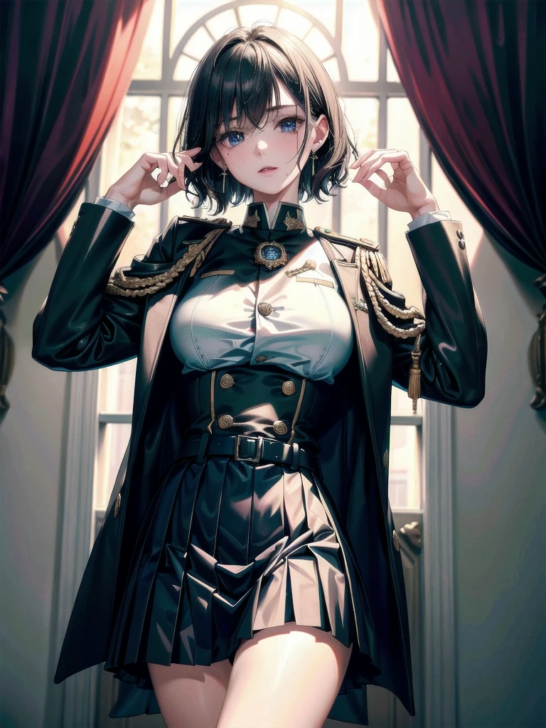 military uniform, absurdres, RAW photo, extremely delicate and beautiful, masterpiece, Best Quality, ultra high resolution, 32k, hyperrealistic, ultra-detailed, detailed description, pale skin, 20 years old, tearful mole, earring, Colossal tits, short medium hair, wavy hair, pleated skirt,