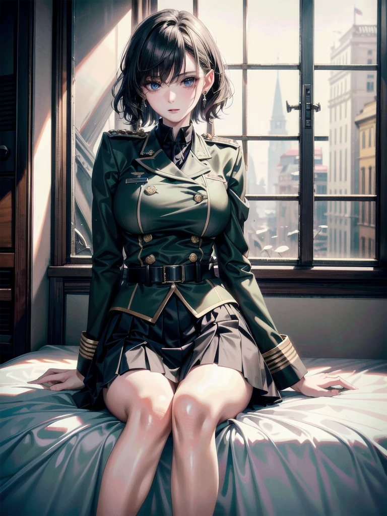 military uniform, absurdres, RAW photo, extremely delicate and beautiful, masterpiece, Best Quality, ultra high resolution, 32k, hyperrealistic, ultra-detailed, detailed description, pale skin, 20 years old, tearful mole, earring, Colossal tits, short medium hair, wavy hair, pleated skirt,