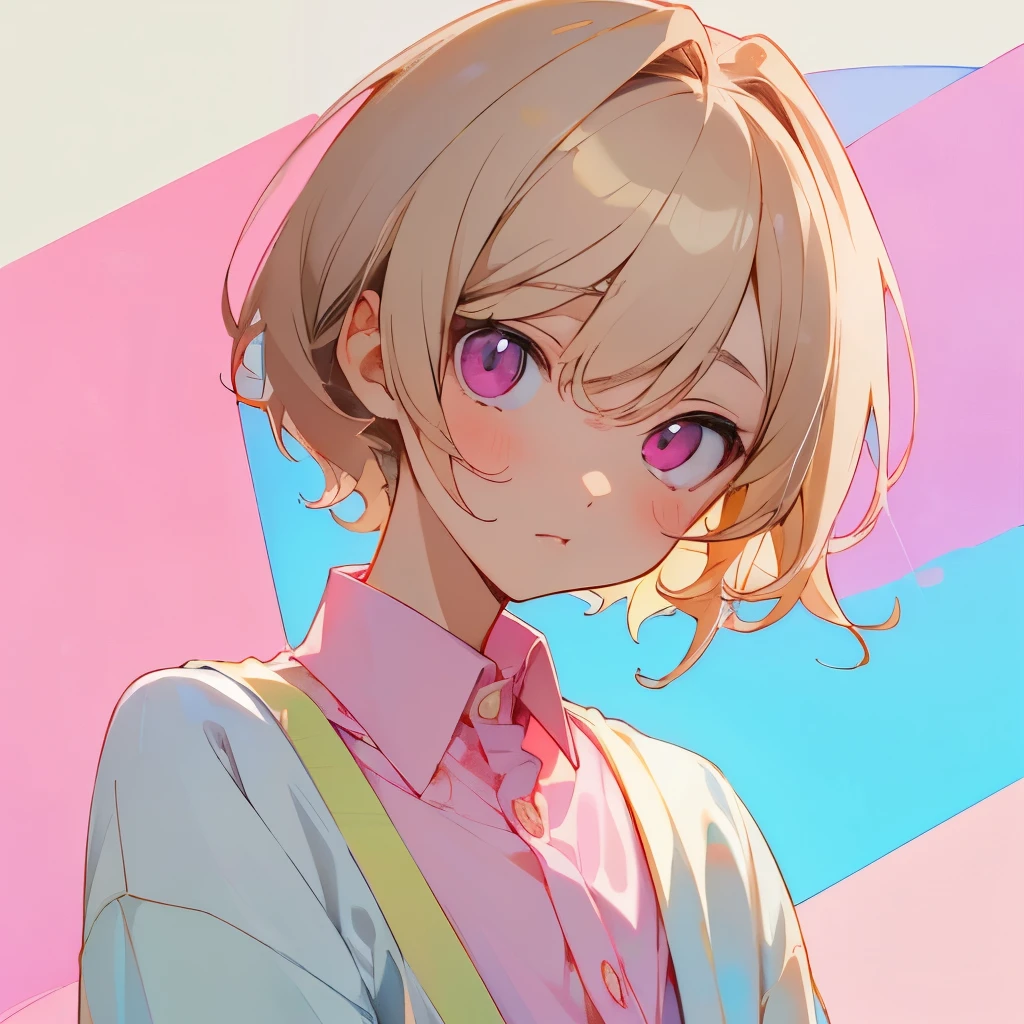 Perfect, masterpiece, anime trap, trap, femboy, cute femboy, kawaii, front facing, short hair, light hair, pink eyes, light pink eyes, facing towards camera, looking forwards, looking at viewer, front facing, bust up, original character, facing camera, anime style, soft colours, close up, soft colours, soft shading, watercolour, light brown hair, pale eyes, light coloured eyes, pastel, cute, kawaii, wearing unbuttoned cardigan, male, skinny, slim, androgynous, pale eyes, lovely boy, pastel pink eyes