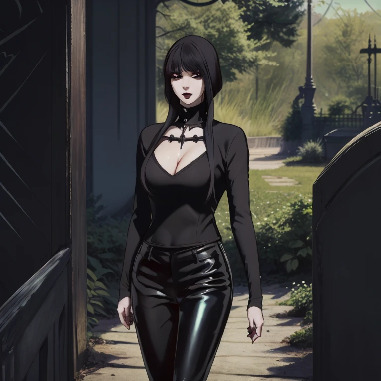 Manhwa goth girl, manhwa aesthetic, Looking at the audience, Light brown eyes:1.4, goth girl, Brunette long Bob Hair with highly detailed shiny hair, bright red clothes:1.4, Lepangas:1.4), illuminated skin (realistic texture), realistic shading, bright red eyes、{Huge|big chest|Huge|Mega} whole :2, Chest cleavage:2、(((Add highlights to the eyes:1.4、charming look 、Short Bob Hair、Glowing Skin:1.4、Looking at the audience、She is very beautiful and cute、Beautiful long neck, (cotton) black gothic shirt, latex tight pants, (converse) black sneakers, Ideal body type, (painted gothic Background:2、gothic garden background:2))、Beautiful long neck:1.4、(({Huge|big|Huge|Mega} chest, Chest cleavage:2、perfect Bodyは服を着ていない:1.6)),Perfect Anatomy, blade to side, strike pose, blade down, blade right hand, blurred background (masterpiece), best quality, high quality, highres, ultra-detailed), different poses at different angles.