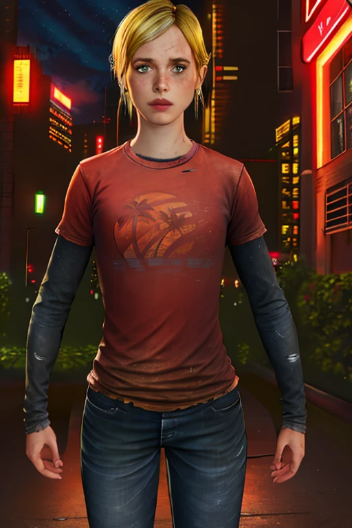 red shirt, long sleeves, standing, neon lights, night, looking at viewer, blue jeans, solo, Waringrid, blonde hair
