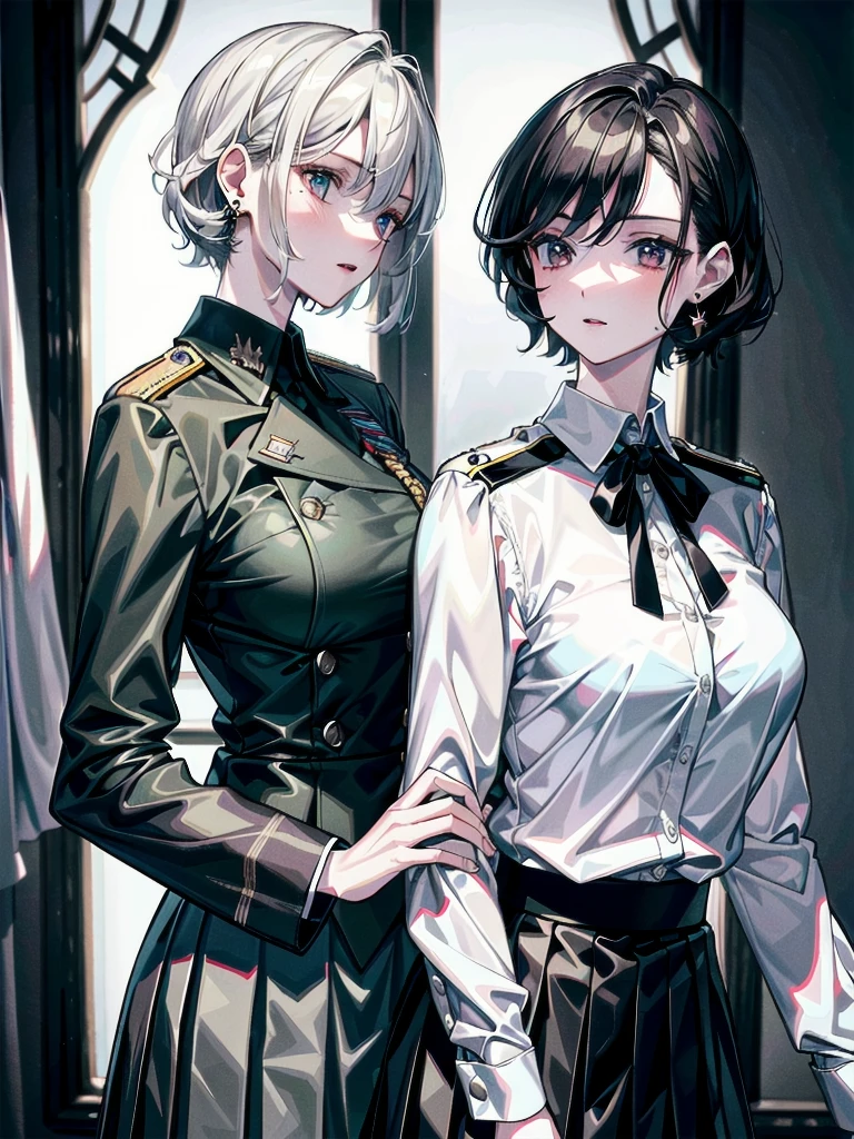 military uniform, absurdres, RAW photo, extremely delicate and beautiful, masterpiece, Best Quality, ultra high resolution, 32k, hyperrealistic, ultra-detailed, detailed description, pale skin, 20 years old, tearful mole, earring, Colossal tits, short medium hair, wavy hair, pleated skirt,