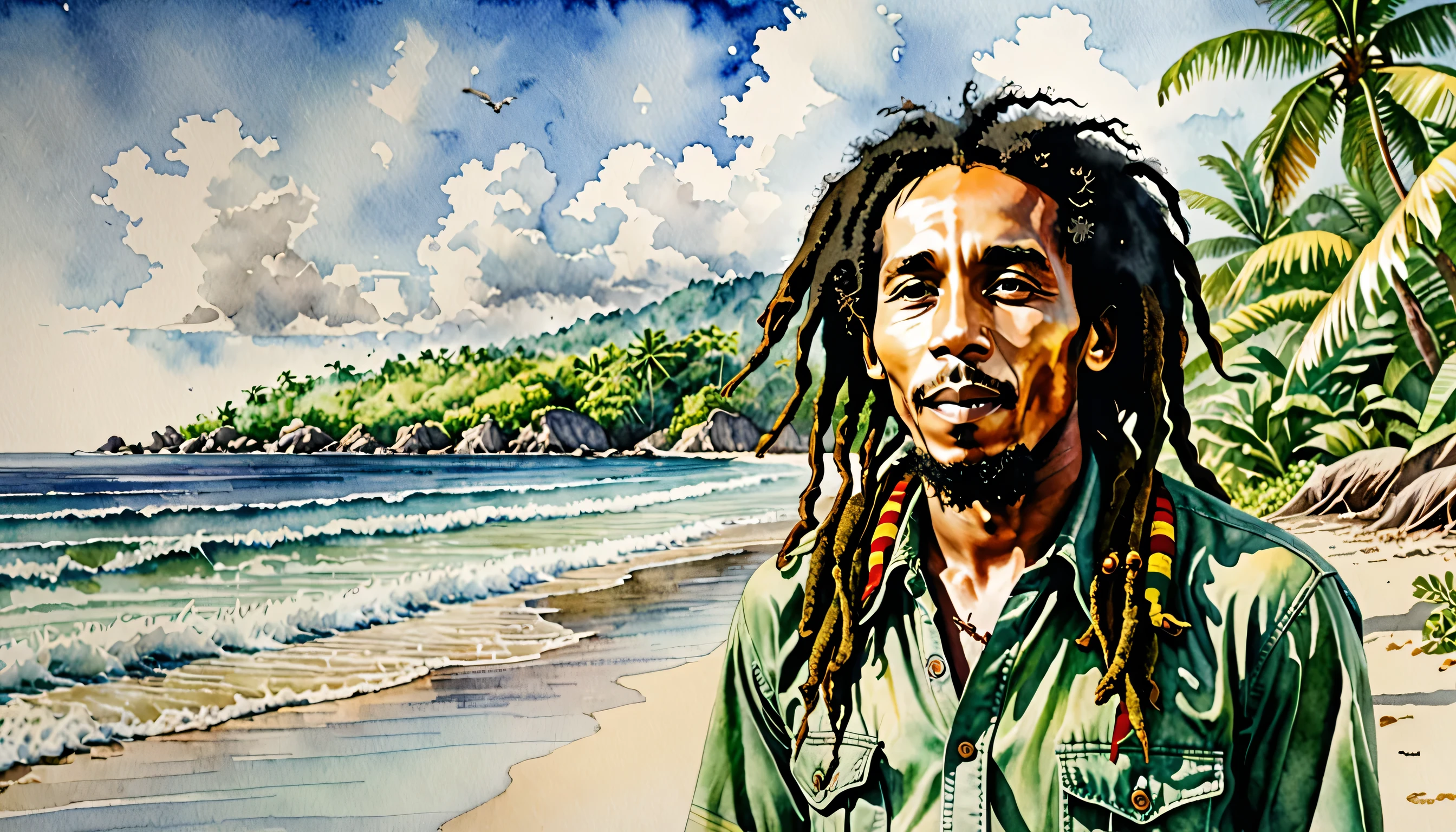 Scene: Bob Marley on a Beach in Jamaica Watercolor, trending on artstation, sharp focus, studio photo, intricate details, highly detailed, by greg rutkowski, Watercolor, trending on artstation, sharp focus, studio photo, intricate details, highly detailed, by greg rutkowski, Watercolor, trending on artstation, sharp focus, studio photo, intricate details, highly detailed, by greg rutkowski