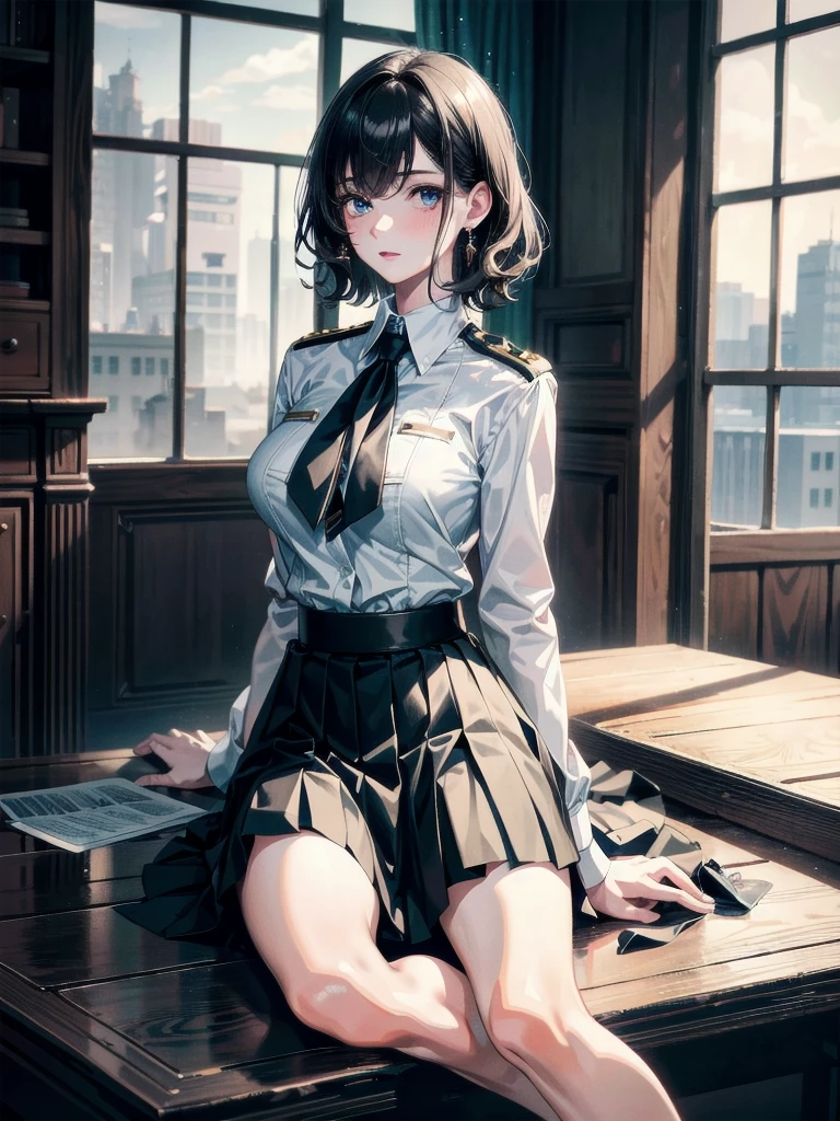 military uniform, absurdres, RAW photo, extremely delicate and beautiful, masterpiece, Best Quality, ultra high resolution, 32k, hyperrealistic, ultra-detailed, detailed description, pale skin, 20 years old, tearful mole, earring, Colossal tits, short medium hair, wavy hair, pleated skirt,