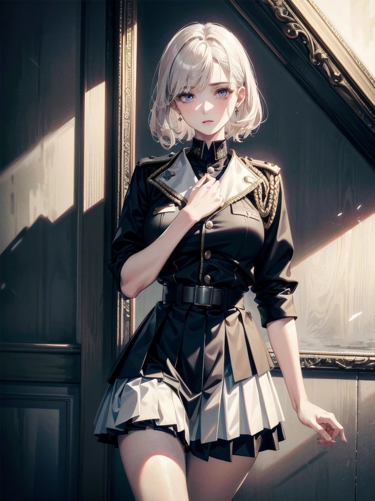 military uniform, absurdres, RAW photo, extremely delicate and beautiful, masterpiece, Best Quality, ultra high resolution, 32k, hyperrealistic, ultra-detailed, detailed description, pale skin, 20 years old, tearful mole, earring, Colossal tits, short medium hair, wavy hair, pleated skirt,