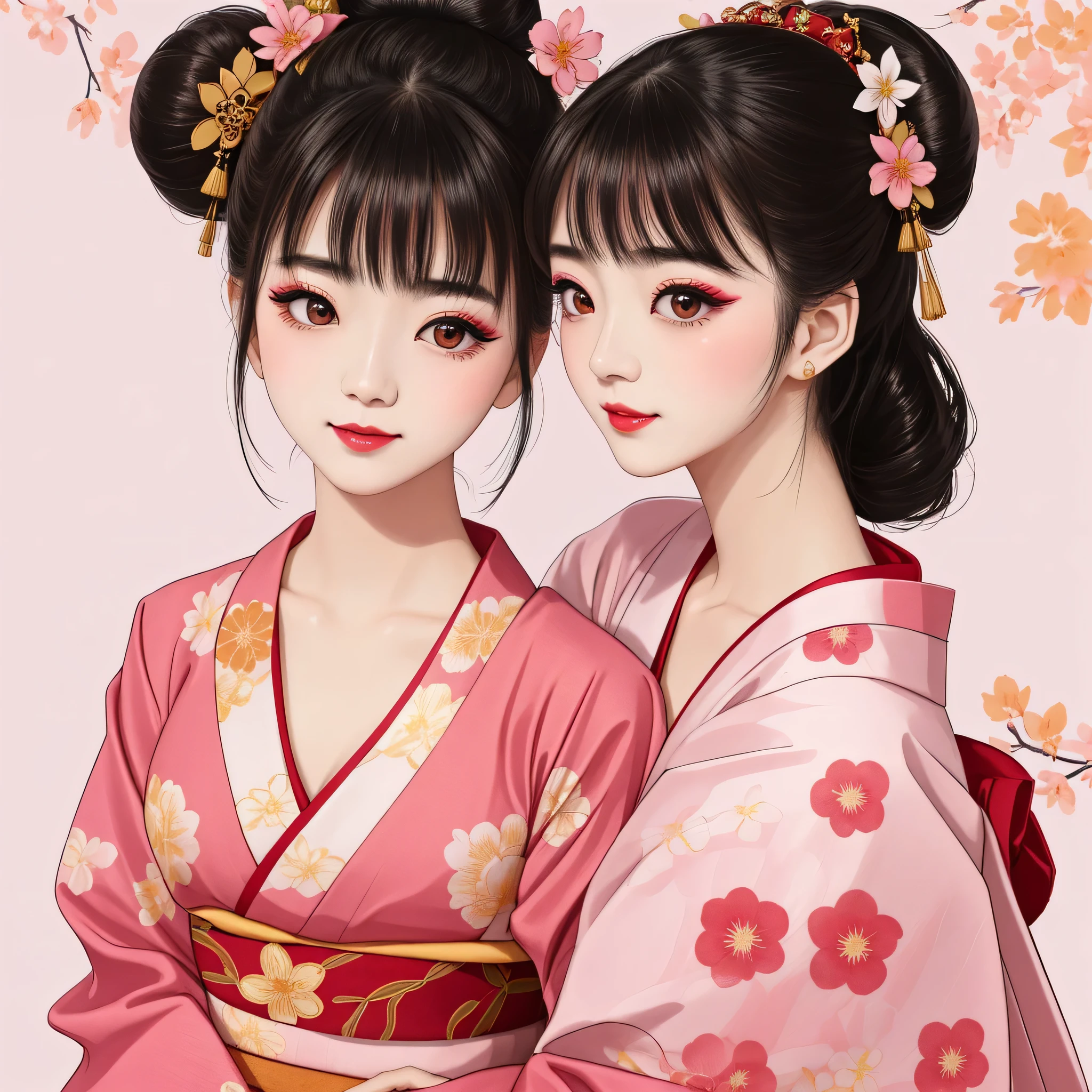Each has a different expression2People and sisters、(2 girls)、⦅Dancing traditional arts with grace)、((Big Breasts、Small Face、Not exposed))、highest quality、masterpiece、(Black Hair、Bun Hair)、Brown Eyes、⦅Wide angle、Angle from above the waist、Pause on the magazine cover、Their gazes are different, gazing into the distance⦆、(8K High Quality、masterpiece、High resolution、Realistic and beautiful light and shadow、(highest quality)、(High Resolution)、(Very delicate and beautiful)、(Beautiful 8k face)、(With a smile、Beautiful eyes)、(Clear skin)、(Soft hair)、(8Head to Body)、(A Japanese style yukata kimono with red, pink and orange floral patterns on a white background, interspersed with gold powder、Wearing a yukata2Beautiful Japanese girls)、((Tanabata decoration background))、((Small Face))、(arms up)、Thin and small nose、(Red lipstick)、(Make your cheeks red)、(Glossy skin)、((Ink painting style))、Very thin eyebrows、Overall ultra-high image quality、(She is wearing maiko-style makeup.)、Whitening、Long and beautiful eyelashes、Glowing Skin、(Red cheeks),Straight nose、masterpiece、highest quality、whole body、 Eyebrows visible through hair、Bun Hair、Grin、Gal、Gal、Viewer's Eyes、Plaid、Stylish、woman、fine、Pause、
Waiting to start