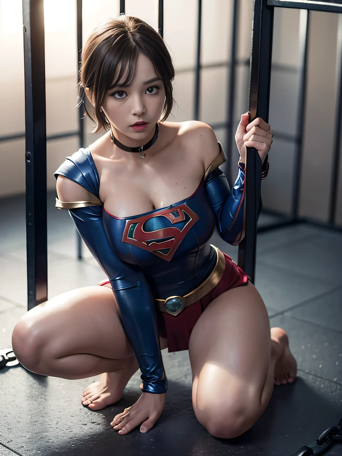 masterpiece、Supergirl Costume、short hair、barefoot、Big and ample breasts、Crisis situation、Complete surrender、prison、In a cage、Feeling of abuse、Kneel、Sweaty、Shiny、looking at the camera、Rusted chains、choker、Long sleeve、Sexy poses to seduce、electronic equipment、Humiliating、Off the shoulder、latex、