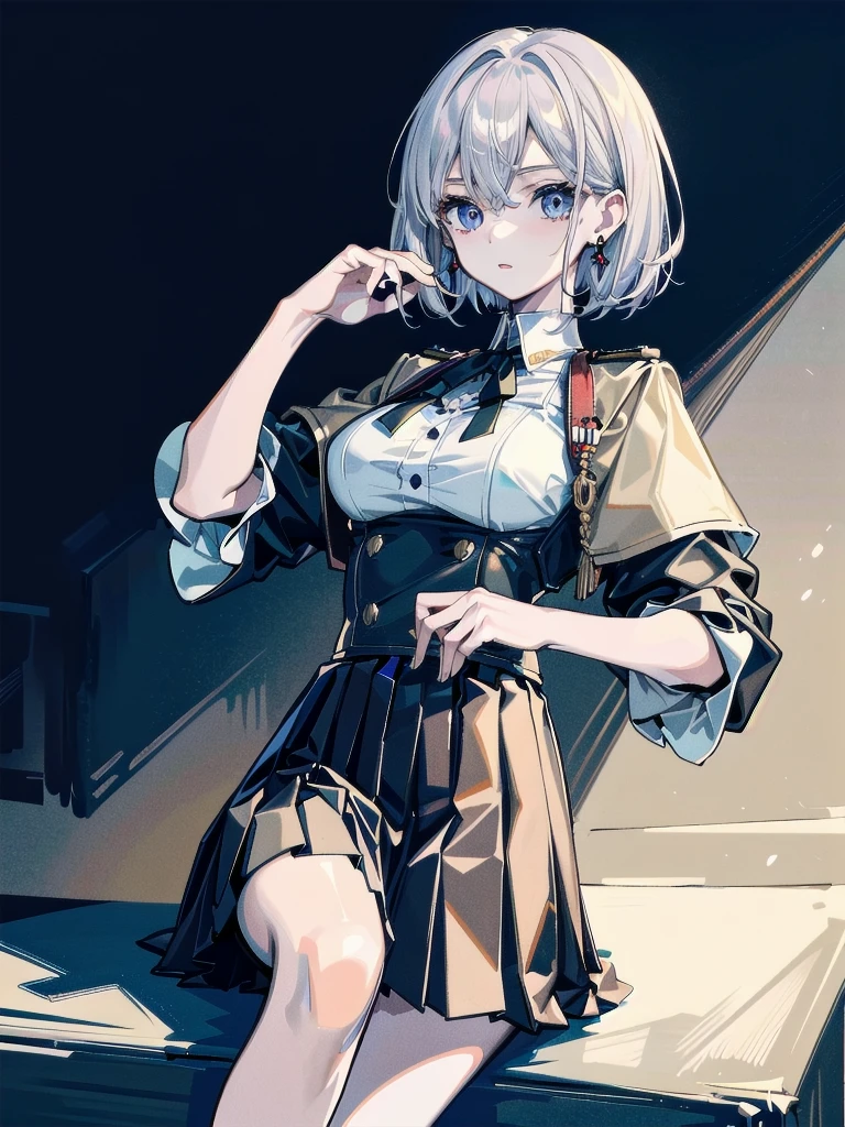 military uniform, absurdres, RAW photo, extremely delicate and beautiful, masterpiece, Best Quality, ultra high resolution, 32k, hyperrealistic, ultra-detailed, detailed description, pale skin, 20 years old, tearful mole, earring, Colossal tits, short medium hair, wavy hair, pleated skirt,