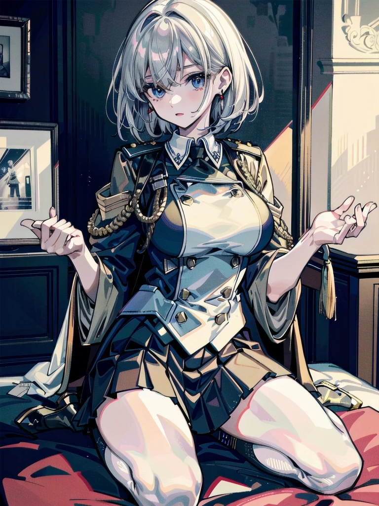 military uniform, absurdres, RAW photo, extremely delicate and beautiful, masterpiece, Best Quality, ultra high resolution, 32k, hyperrealistic, ultra-detailed, detailed description, pale skin, 20 years old, tearful mole, earring, Colossal tits, short medium hair, wavy hair, pleated skirt,