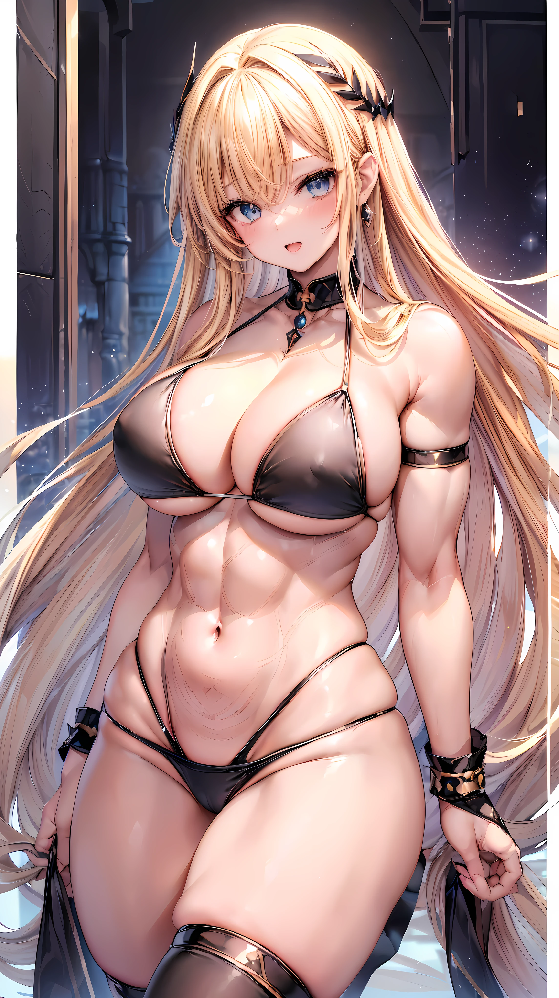Very detailed、highest quality、Best image quality、masterpiece、8k、Anime Face、A kind smile、(Open your mouth:1.3)、Sparkling blue eyes、(Blonde semi-long hair:1.5)、(Muscles of the whole body:1.3)、(High leg:2.0)、Thigh belt、(Black high-cut bikini:1.5)、(Upper body photo:1.5)、(SFW Giant)、(Thick body:1.2)